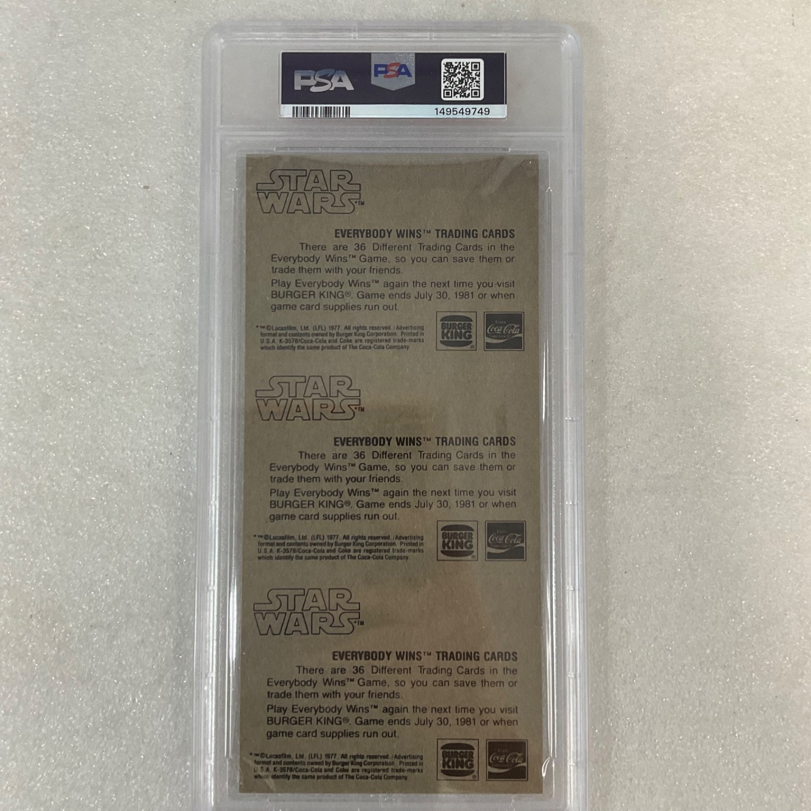 1980 Star Wars Burger King Luke Captured 3-Panel PSA 7 CERT#149549749 - Image 14