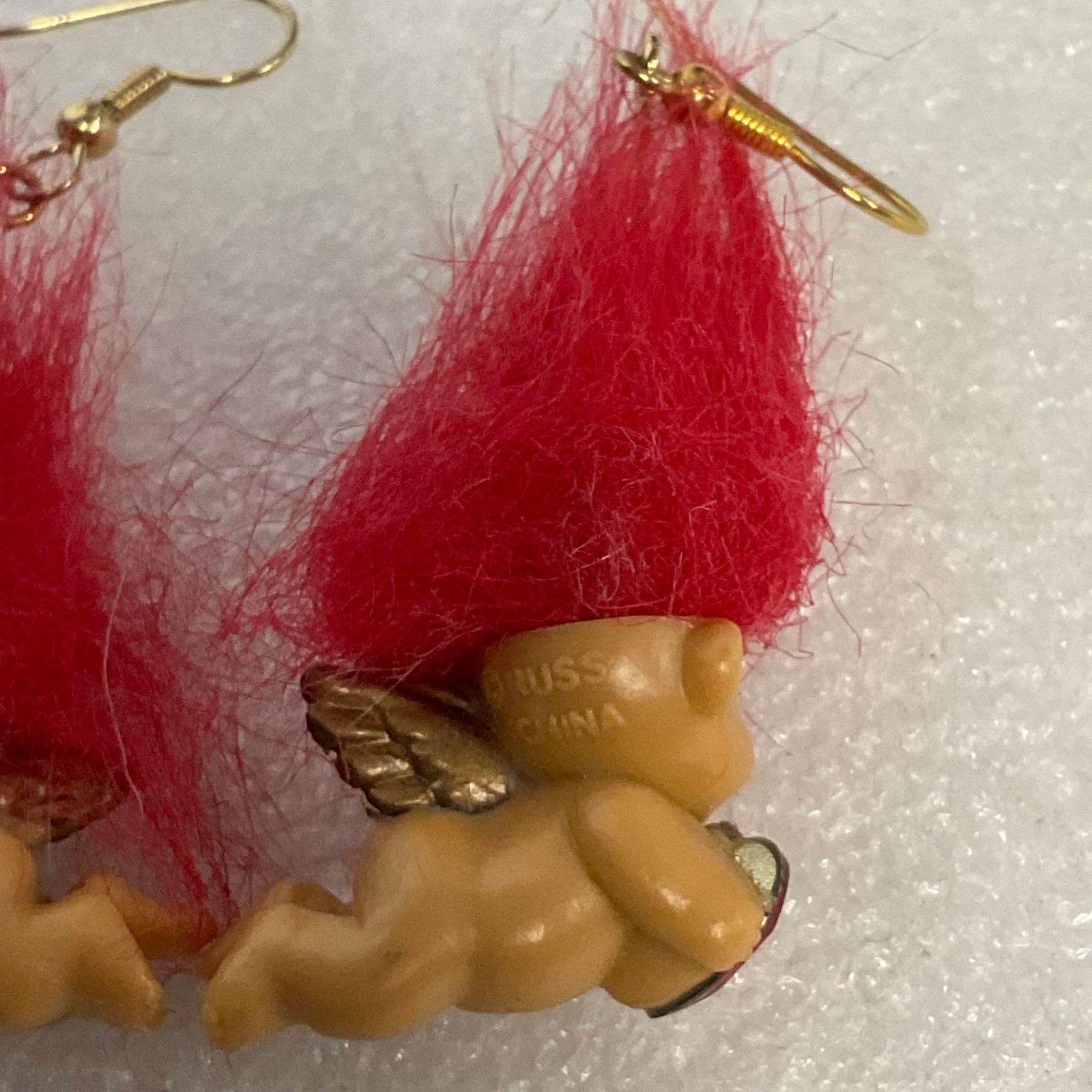 Vintage Russ Berrie Cherub Troll Earrings Red Hair Heart Gem Cupid Valentine - Image 4