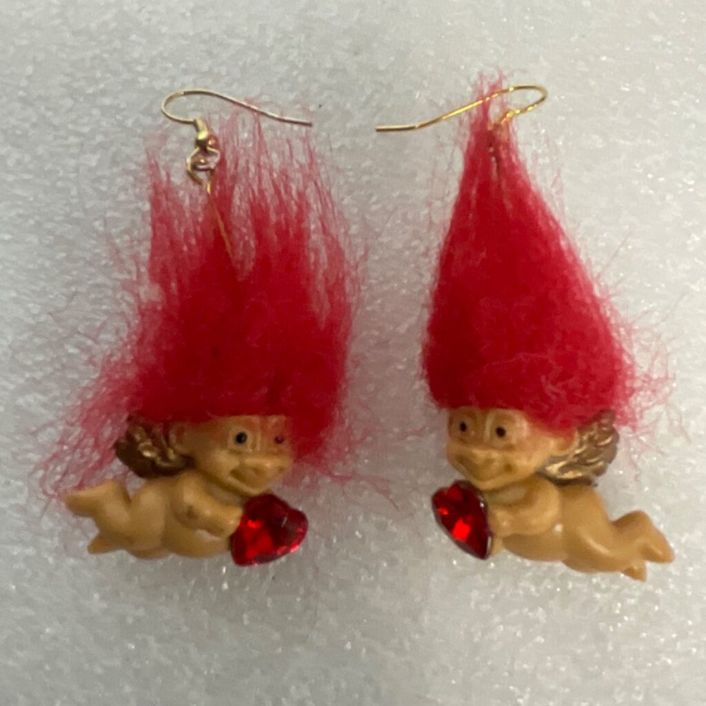Vintage Russ Berrie Cherub Troll Earrings Red Hair Heart Gem Cupid Valentine - Image 1