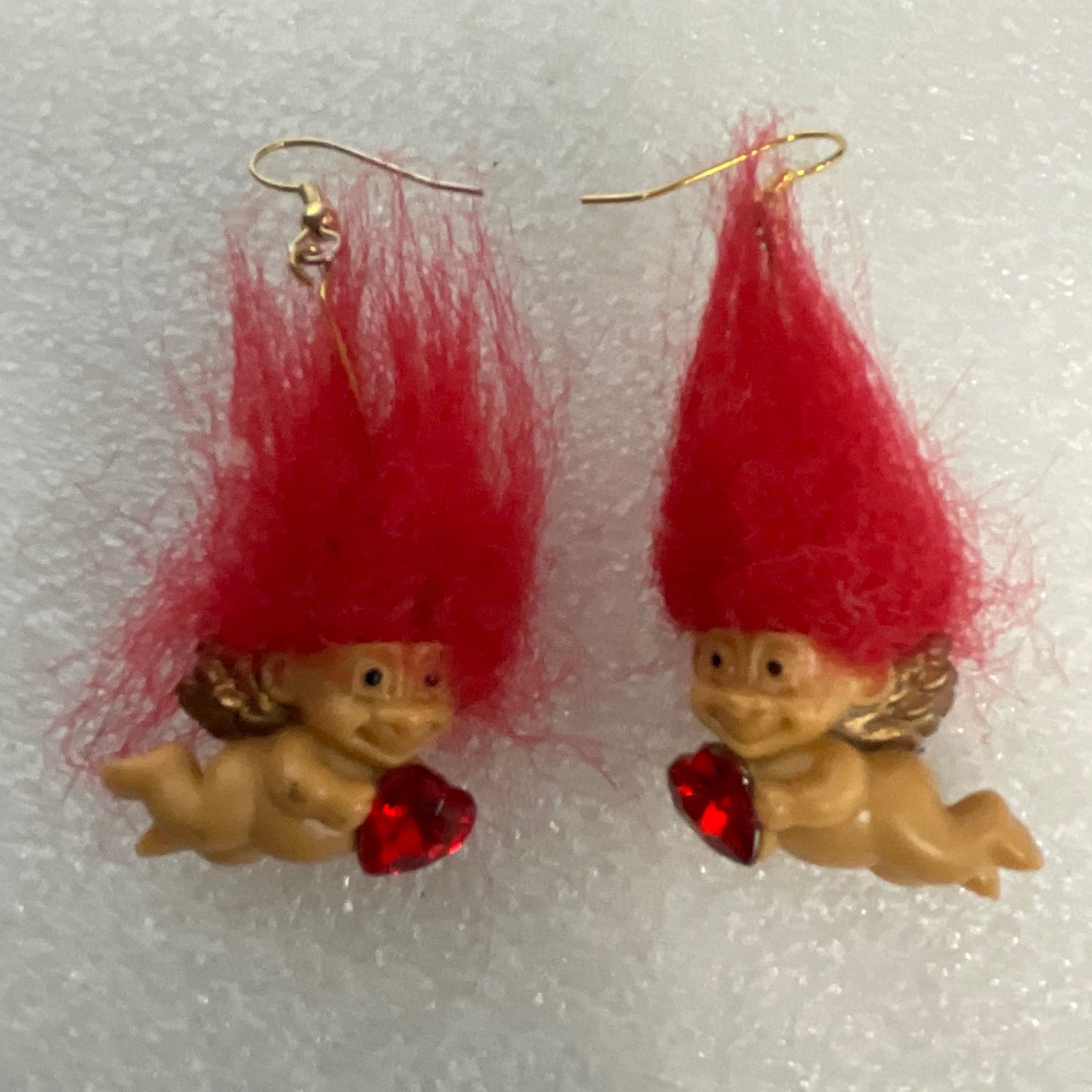 Vintage Russ Berrie Cherub Troll Earrings Red Hair Heart Gem Cupid Valentine - Image 1