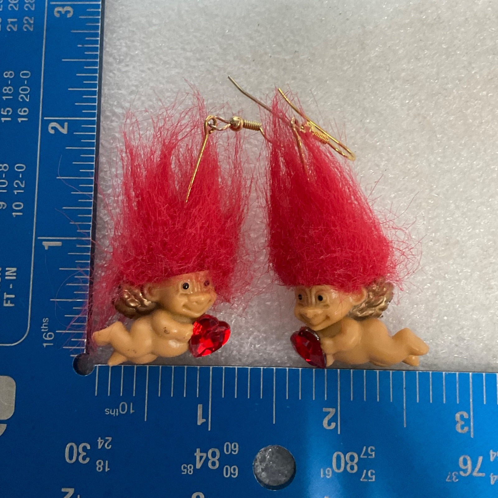 Vintage Russ Berrie Cherub Troll Earrings Red Hair Heart Gem Cupid Valentine - Image 9