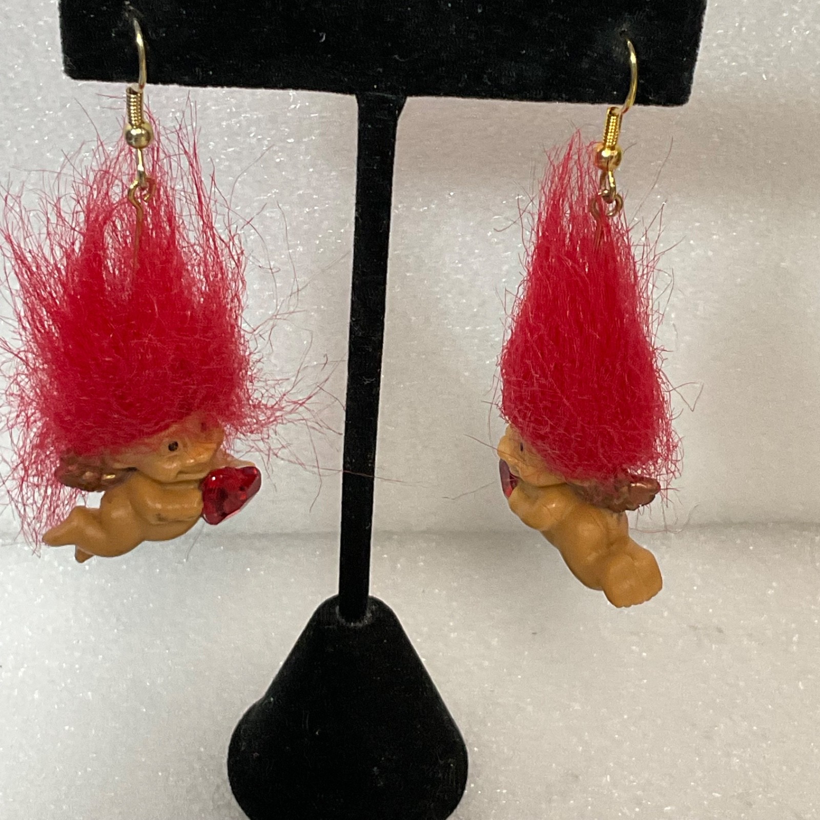 Vintage Russ Berrie Cherub Troll Earrings Red Hair Heart Gem Cupid Valentine - Image 7
