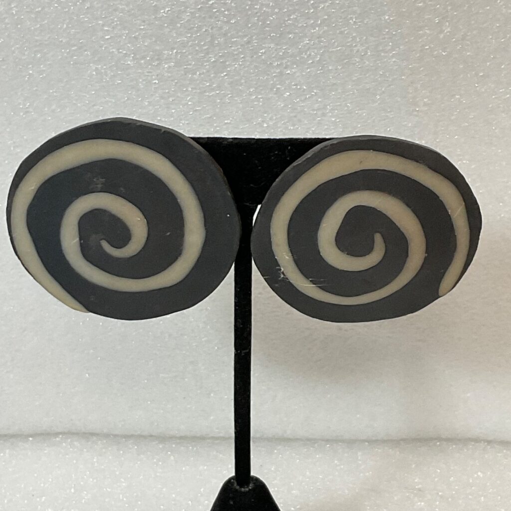 Vintage 1988 Three Girls Black White Spiral Round Earrings Signed Retro Post 2in - Image 1