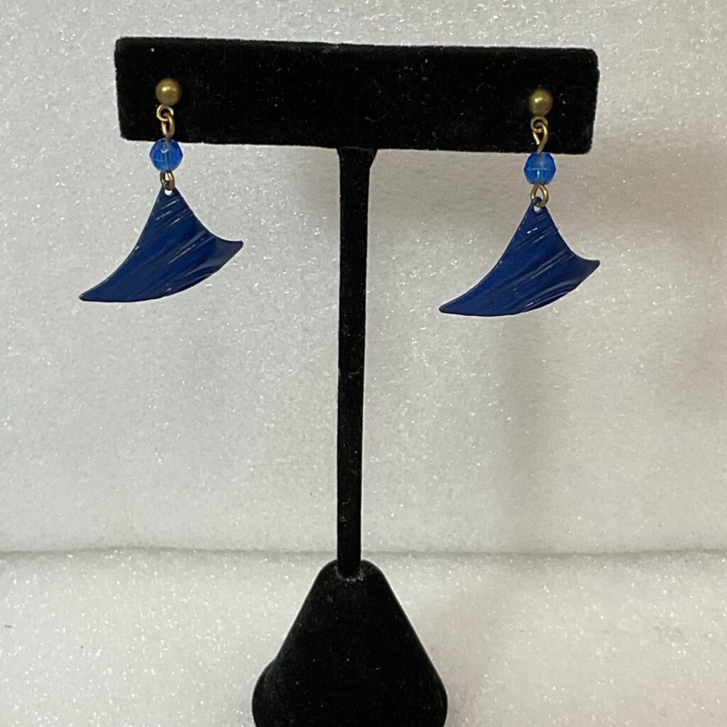 Vintage Blue Acrylic Dangle Earrings Geometric Fan Shape Pierced Jewelry - Image 1