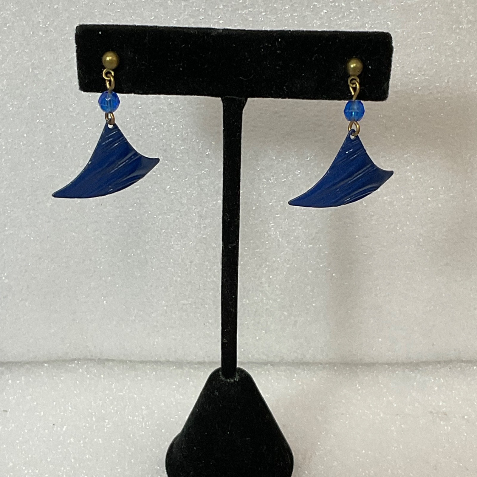 Vintage Blue Acrylic Dangle Earrings Geometric Fan Shape Pierced Jewelry - Image 1