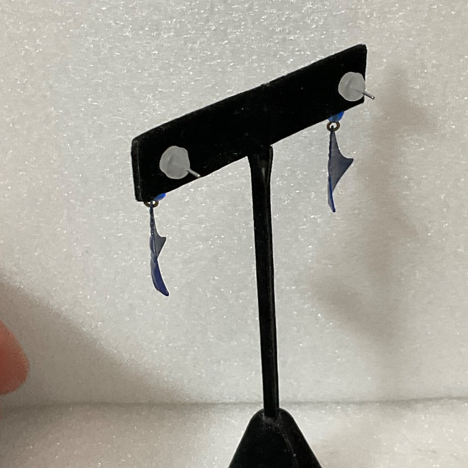 Vintage Blue Acrylic Dangle Earrings Geometric Fan Shape Pierced Jewelry - Image 3