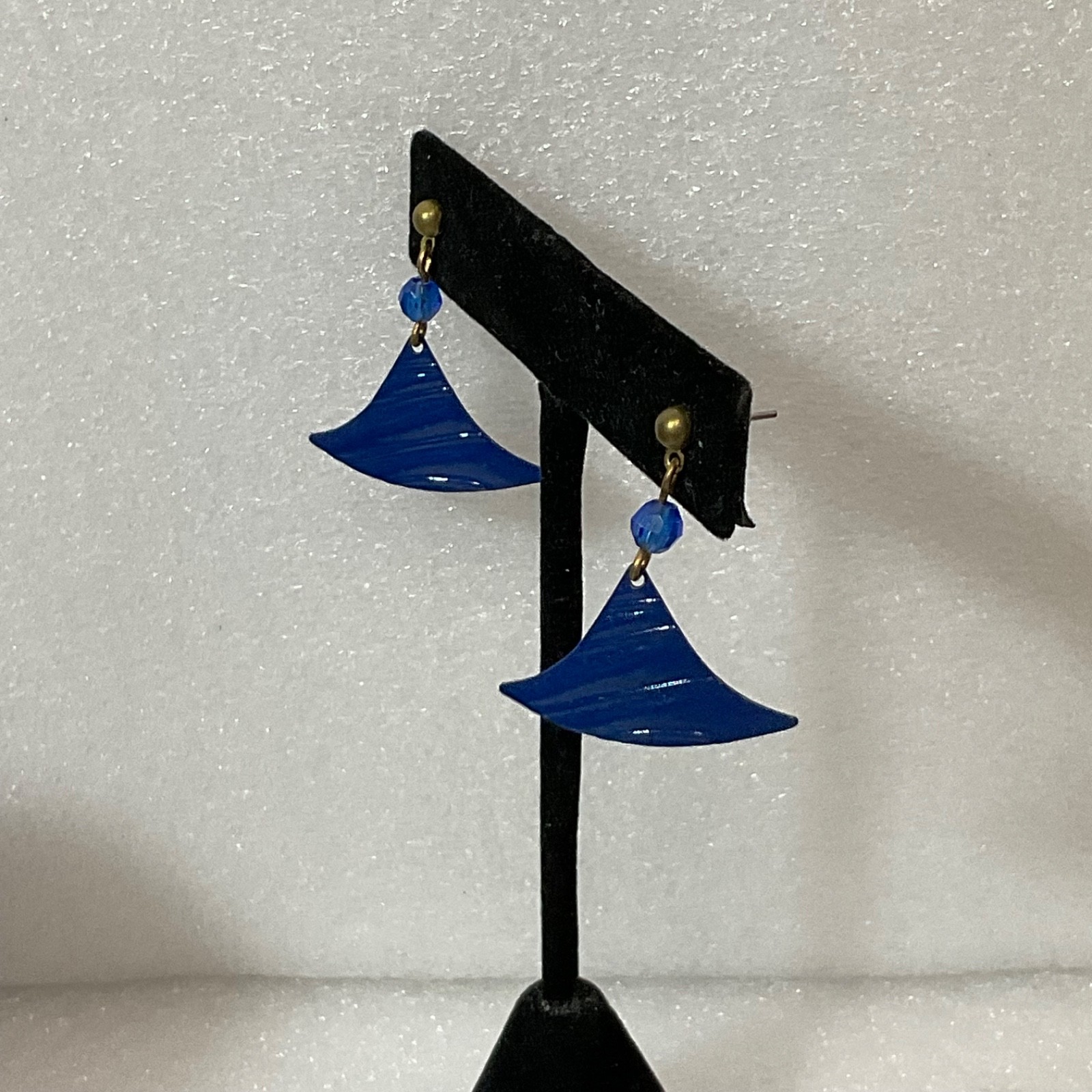 Vintage Blue Acrylic Dangle Earrings Geometric Fan Shape Pierced Jewelry - Image 2