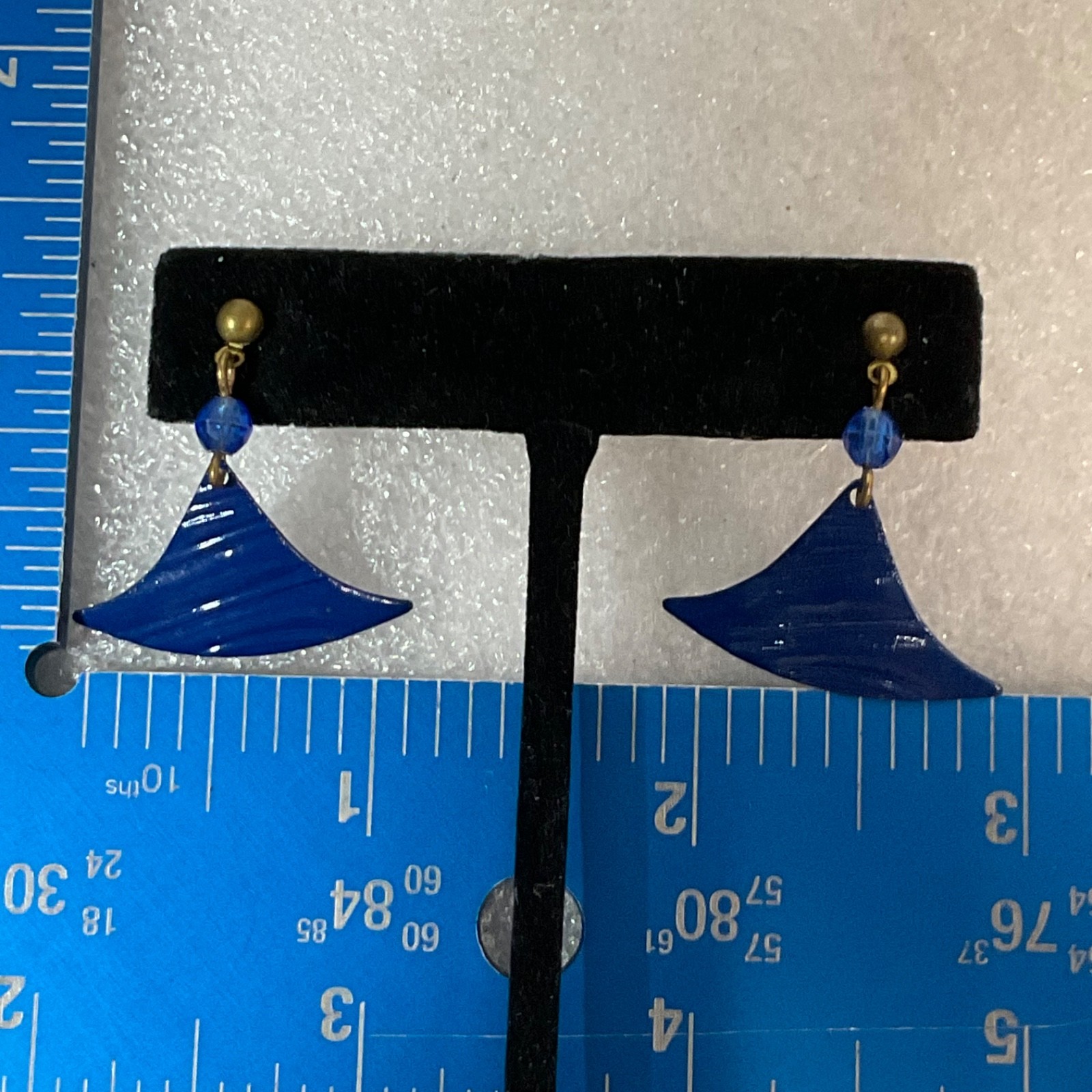 Vintage Blue Acrylic Dangle Earrings Geometric Fan Shape Pierced Jewelry - Image 9
