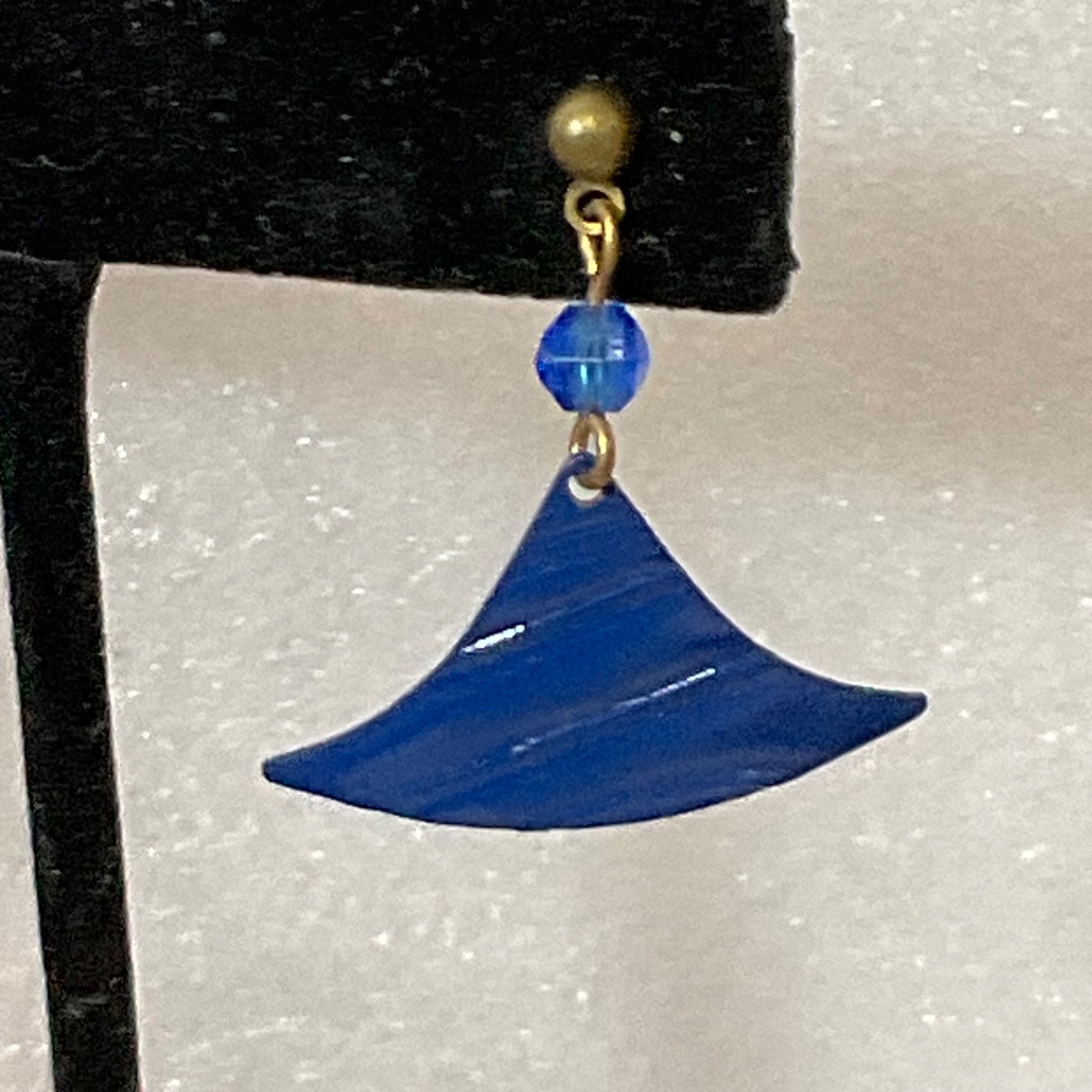 Vintage Blue Acrylic Dangle Earrings Geometric Fan Shape Pierced Jewelry - Image 8