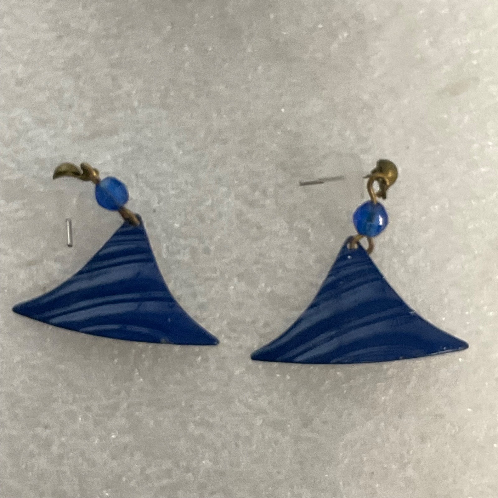 Vintage Blue Acrylic Dangle Earrings Geometric Fan Shape Pierced Jewelry - Image 11