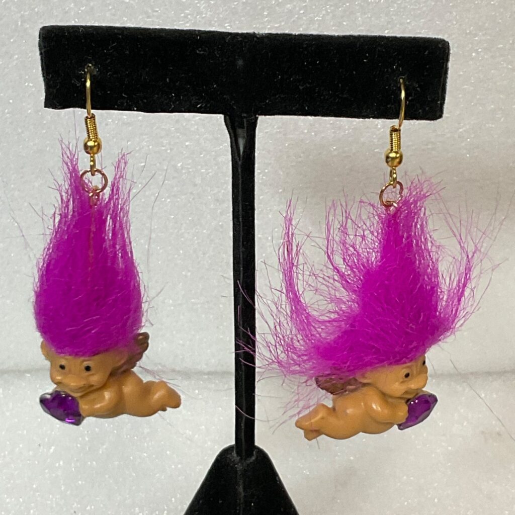 Vintage Russ Berrie Cherub Troll Earrings Pink Hair Heart Gem Dangle Rare Retro - Image 1