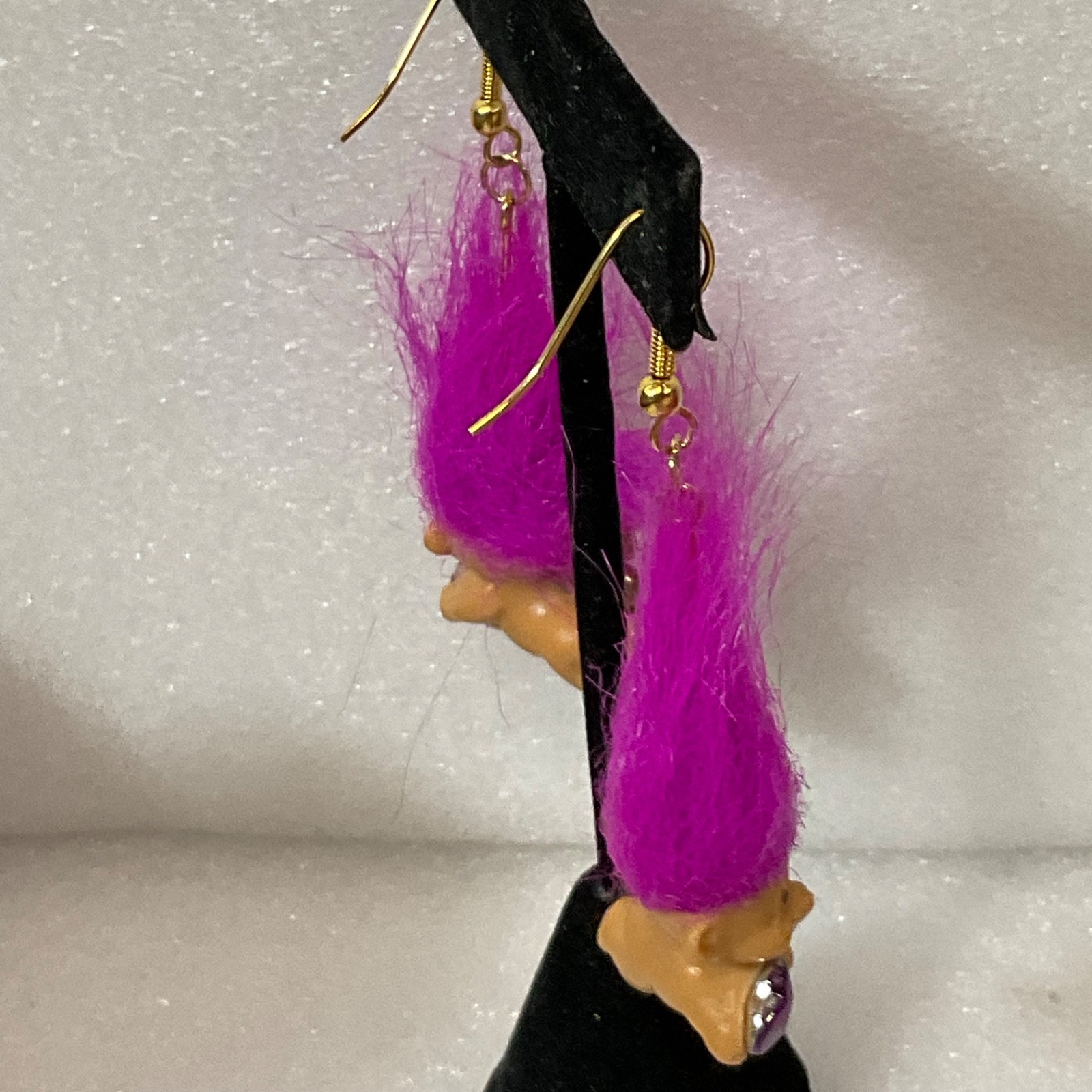 Vintage Russ Berrie Cherub Troll Earrings Pink Hair Heart Gem Dangle Rare Retro - Image 3