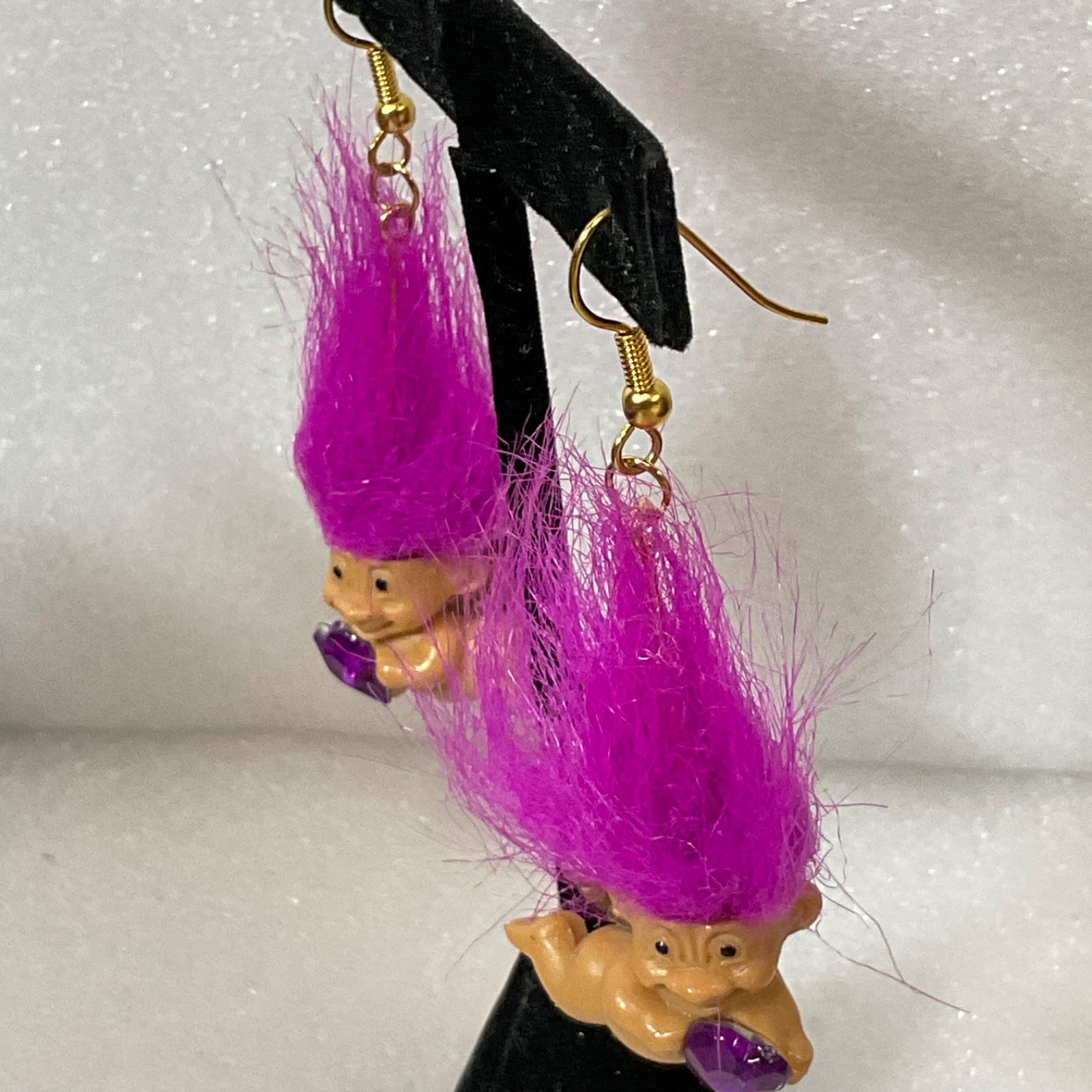 Vintage Russ Berrie Cherub Troll Earrings Pink Hair Heart Gem Dangle Rare Retro - Image 2