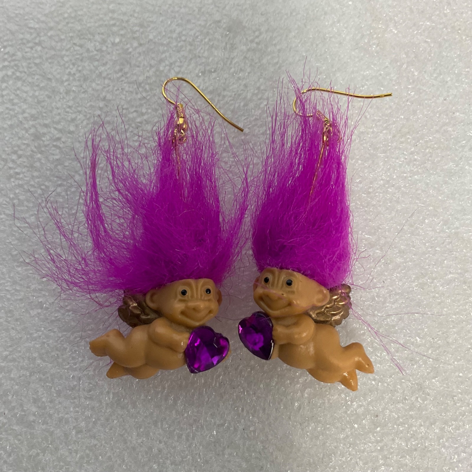 Vintage Russ Berrie Cherub Troll Earrings Pink Hair Heart Gem Dangle Rare Retro - Image 4
