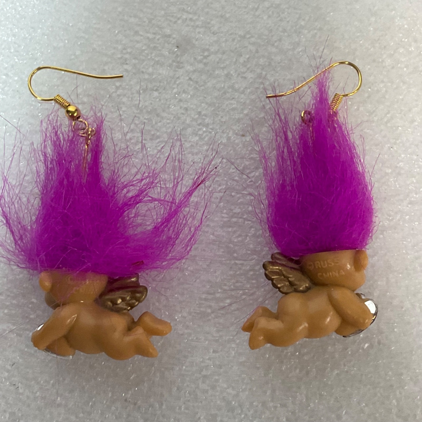 Vintage Russ Berrie Cherub Troll Earrings Pink Hair Heart Gem Dangle Rare Retro - Image 6