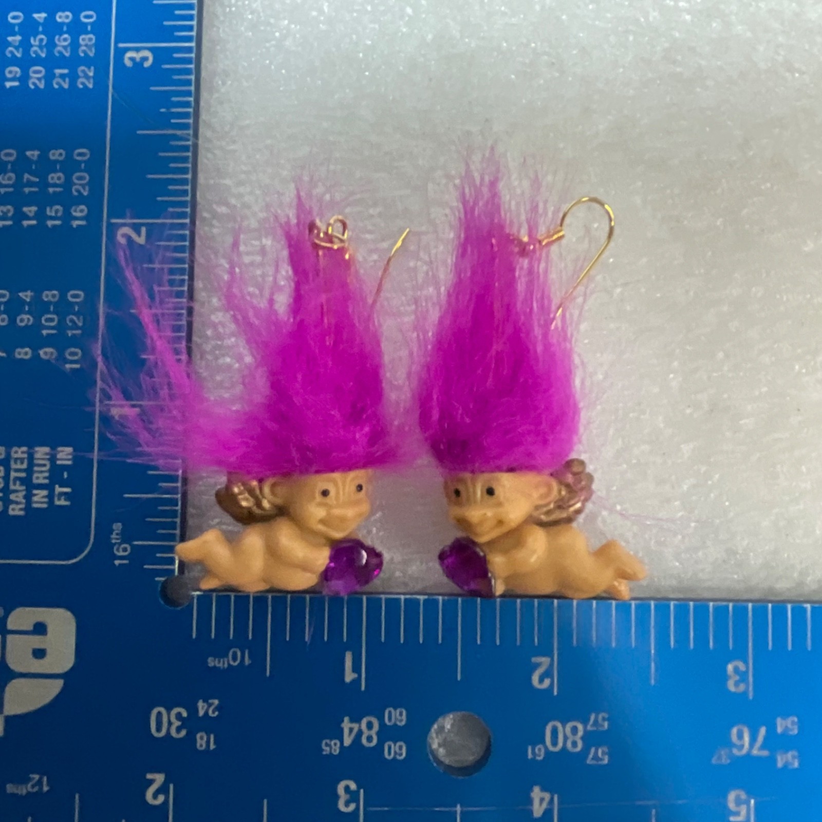 Vintage Russ Berrie Cherub Troll Earrings Pink Hair Heart Gem Dangle Rare Retro - Image 7