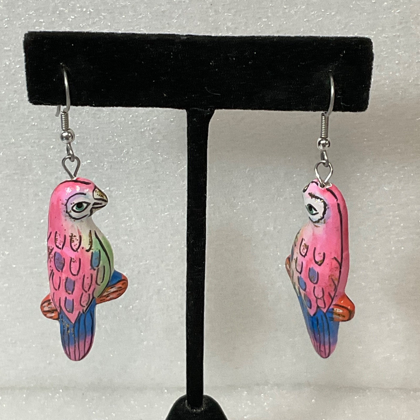 Hand Painted Wooden Parrot Earrings Colorful Dangle Jewelry Tropical Boho Style - Image 1
