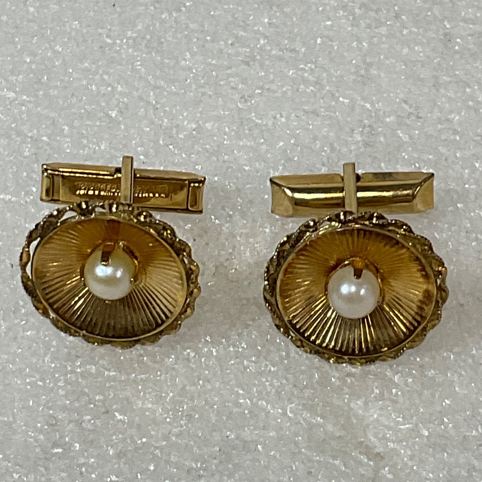 Vintage Gold Tone Cufflinks with Faux Pearl Center 7.27g Classic Formal Jewelry - Image 1
