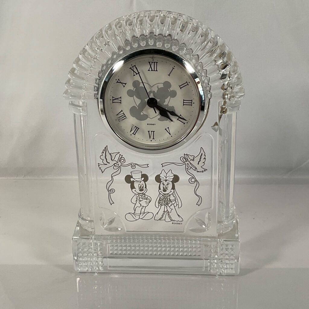Disney Mickey Minnie Wedding Mantel Clock Bride Groom Clear 7.5 in - Image 1