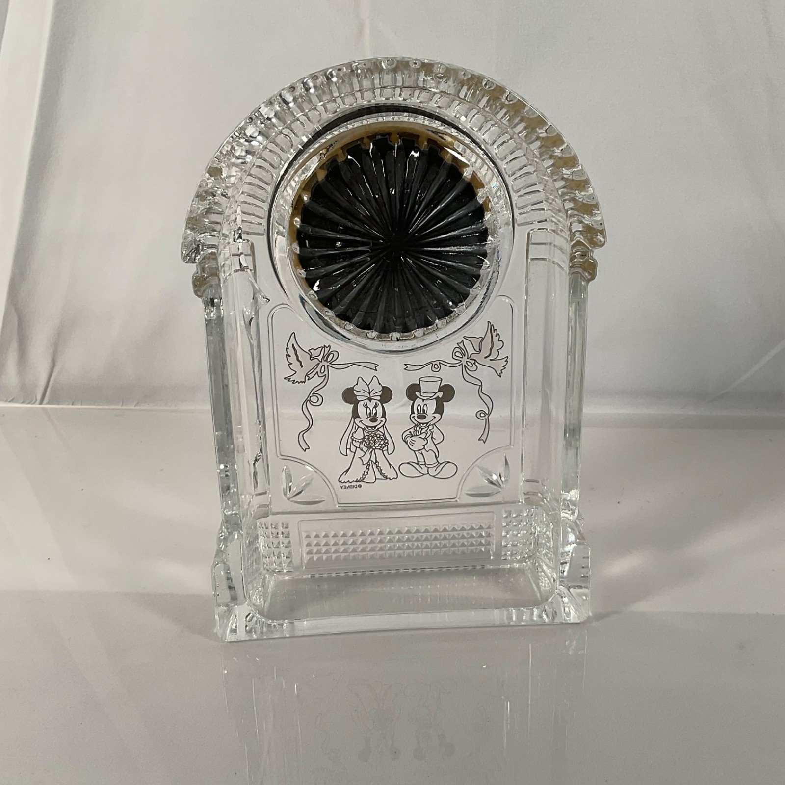 Disney Mickey Minnie Wedding Mantel Clock Bride Groom Clear 7.5 in - Image 3