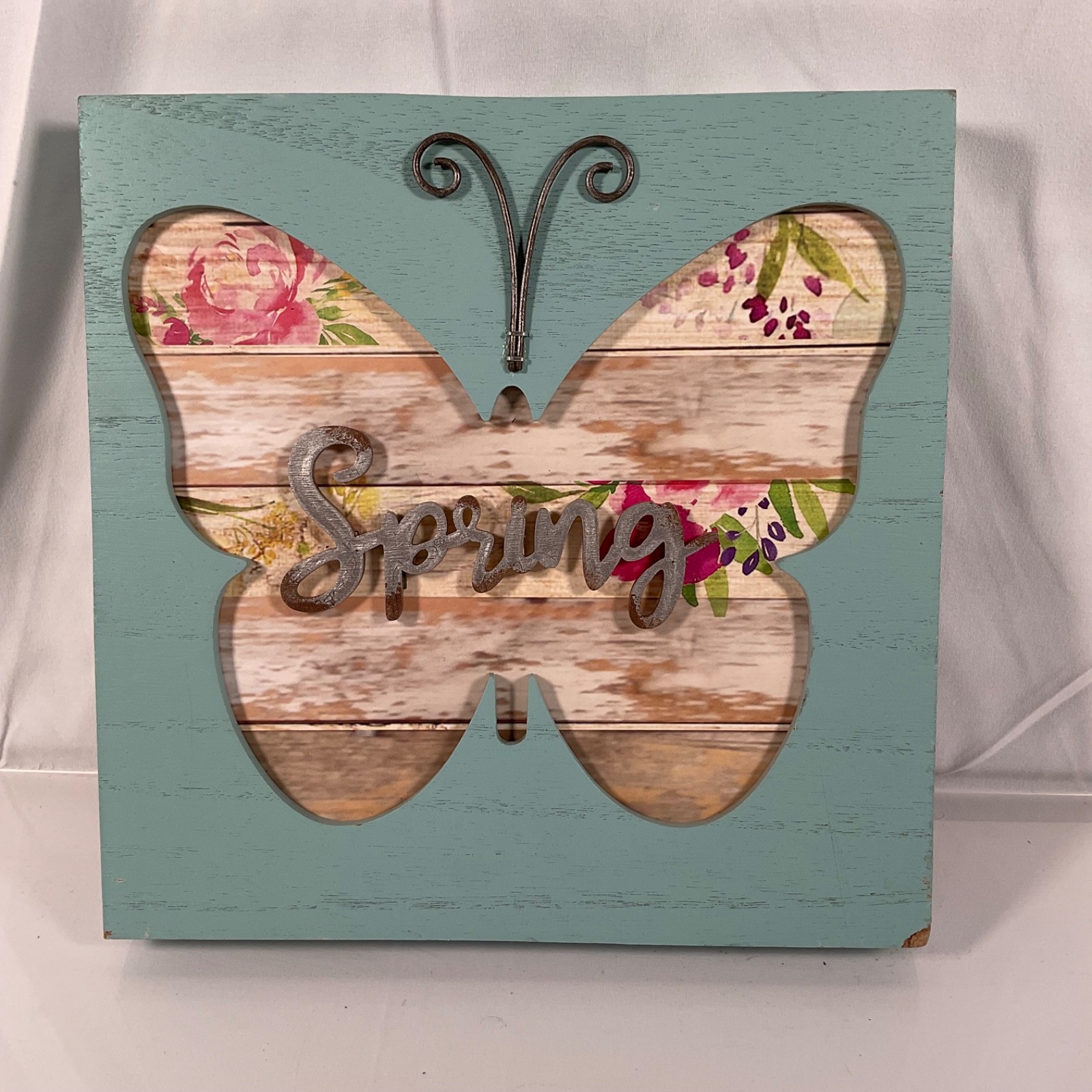 Spring Butterfly Floral Wall Decor Plaque Teal 9.5 x 9.5 in - Image 1
