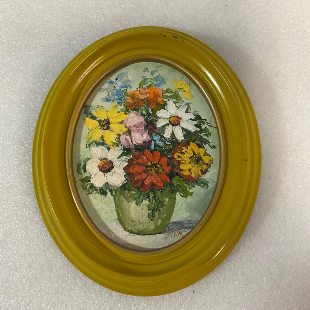 Ina Linton Signed Floral Still Life Painting Oval Framed 5.75in - Image 1