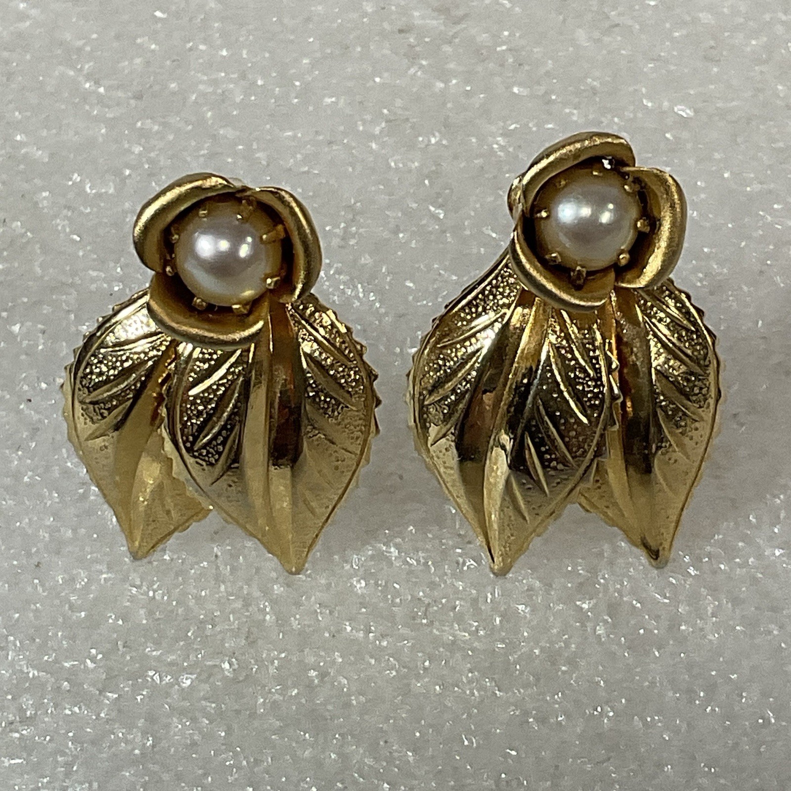 Vintage Gold Tone Leaf Clip On Earrings with Faux Pearl Floral Accents - Image 2
