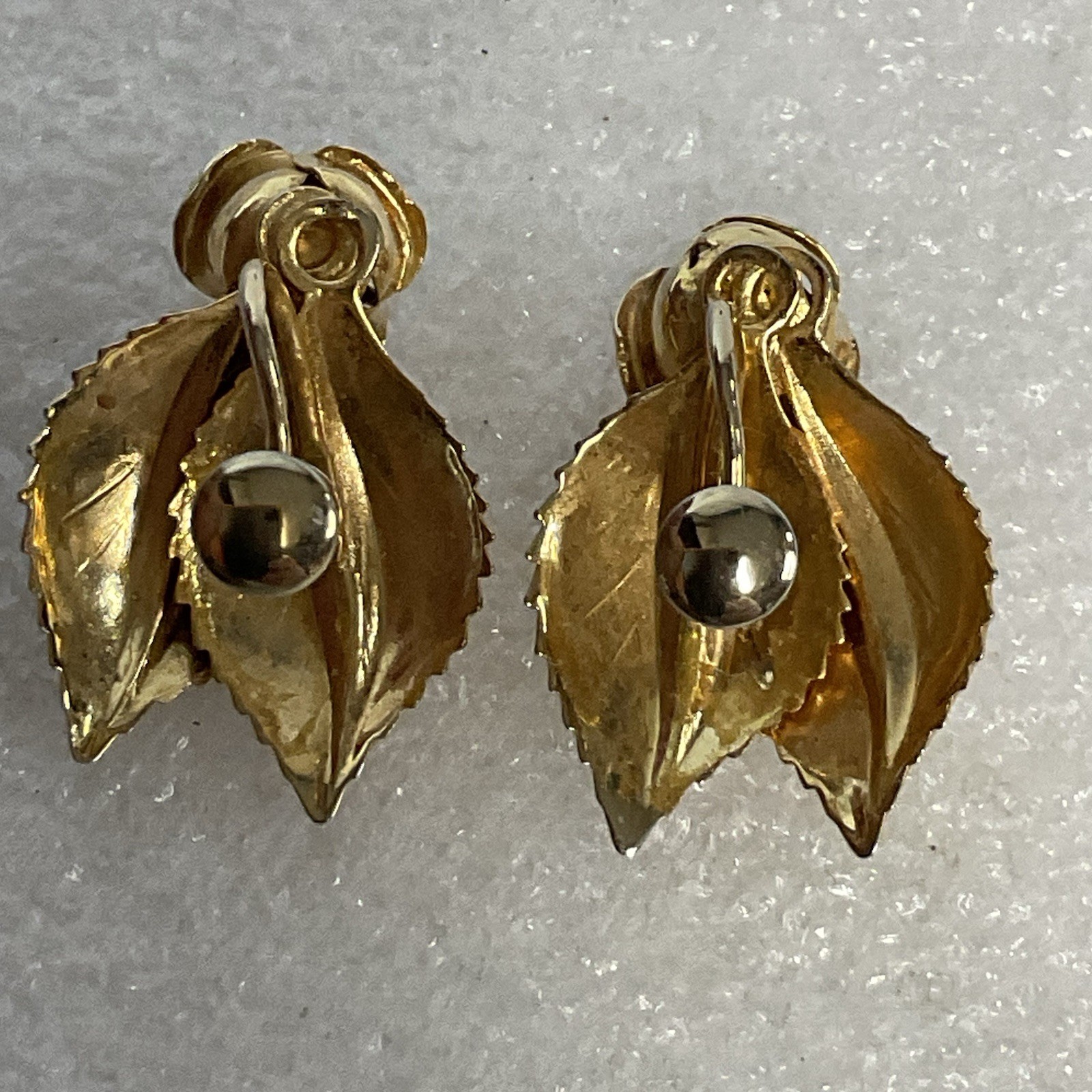 Vintage Gold Tone Leaf Clip On Earrings with Faux Pearl Floral Accents - Image 4