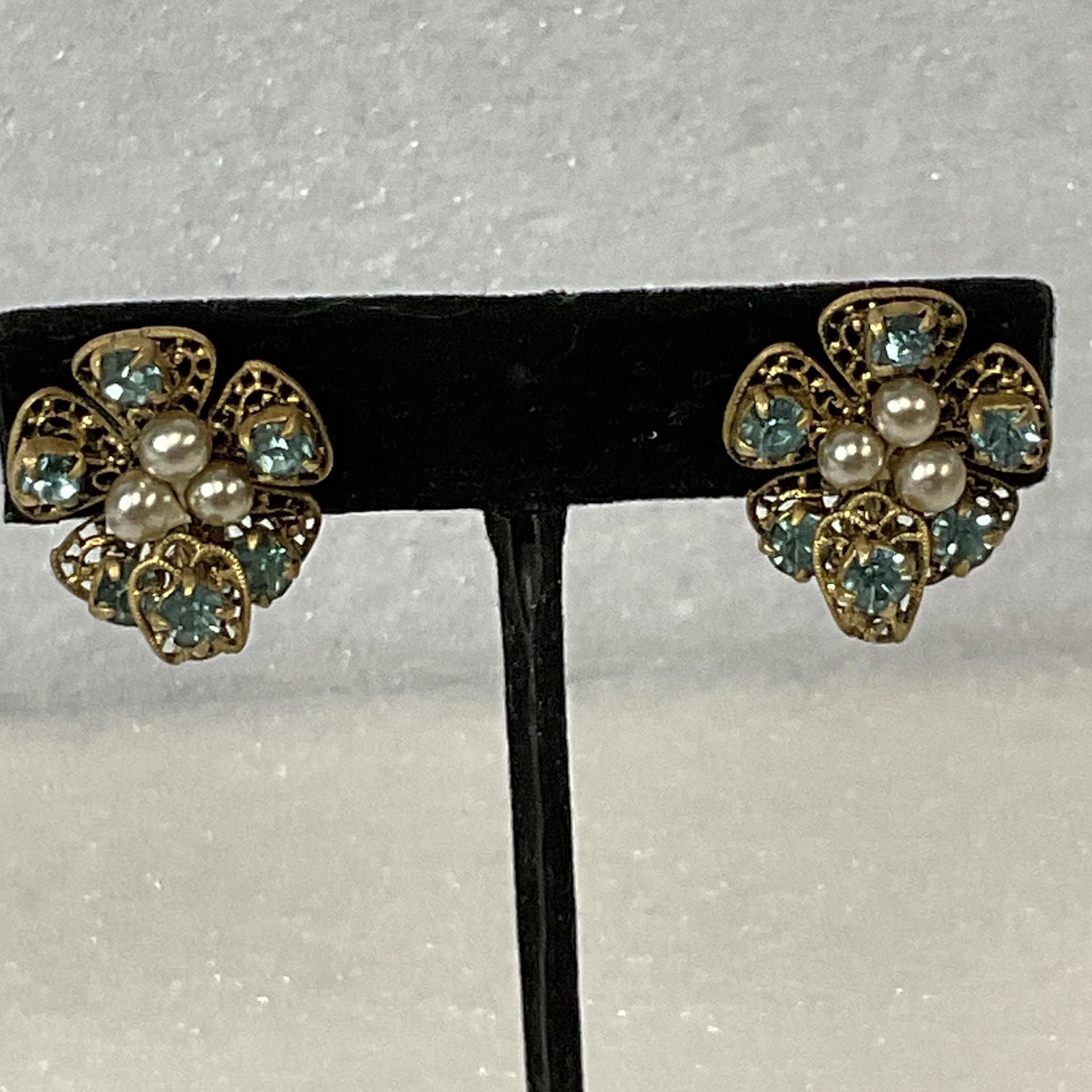 Vintage Czech Blue Rhinestone Pearl Gold Tone Screw Back Clip-On Earrings - Image 2