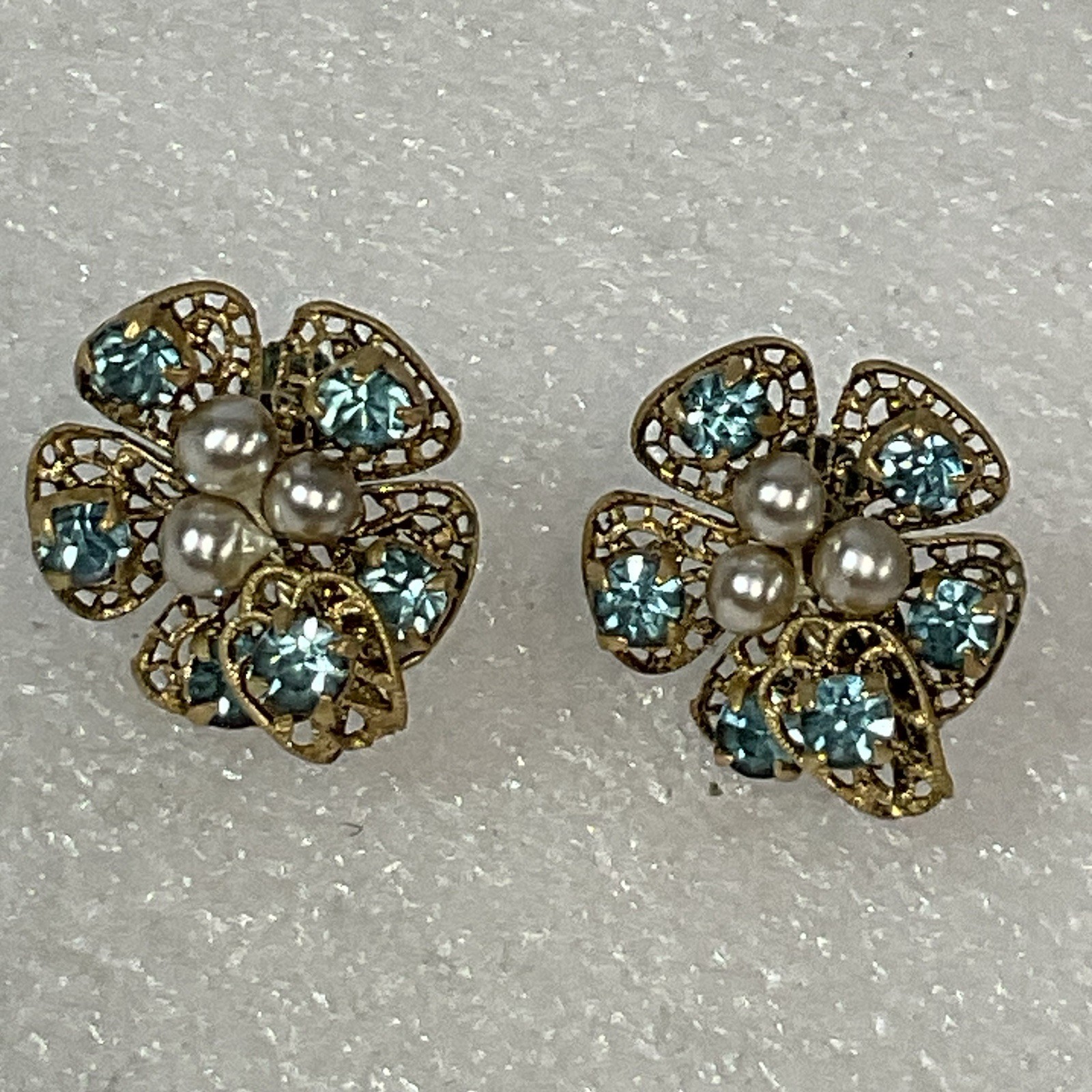 Vintage Czech Blue Rhinestone Pearl Gold Tone Screw Back Clip-On Earrings - Image 1