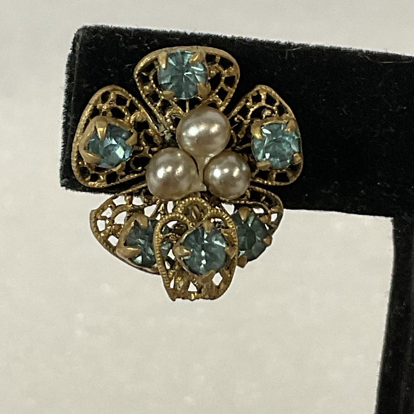 Vintage Czech Blue Rhinestone Pearl Gold Tone Screw Back Clip-On Earrings - Image 11
