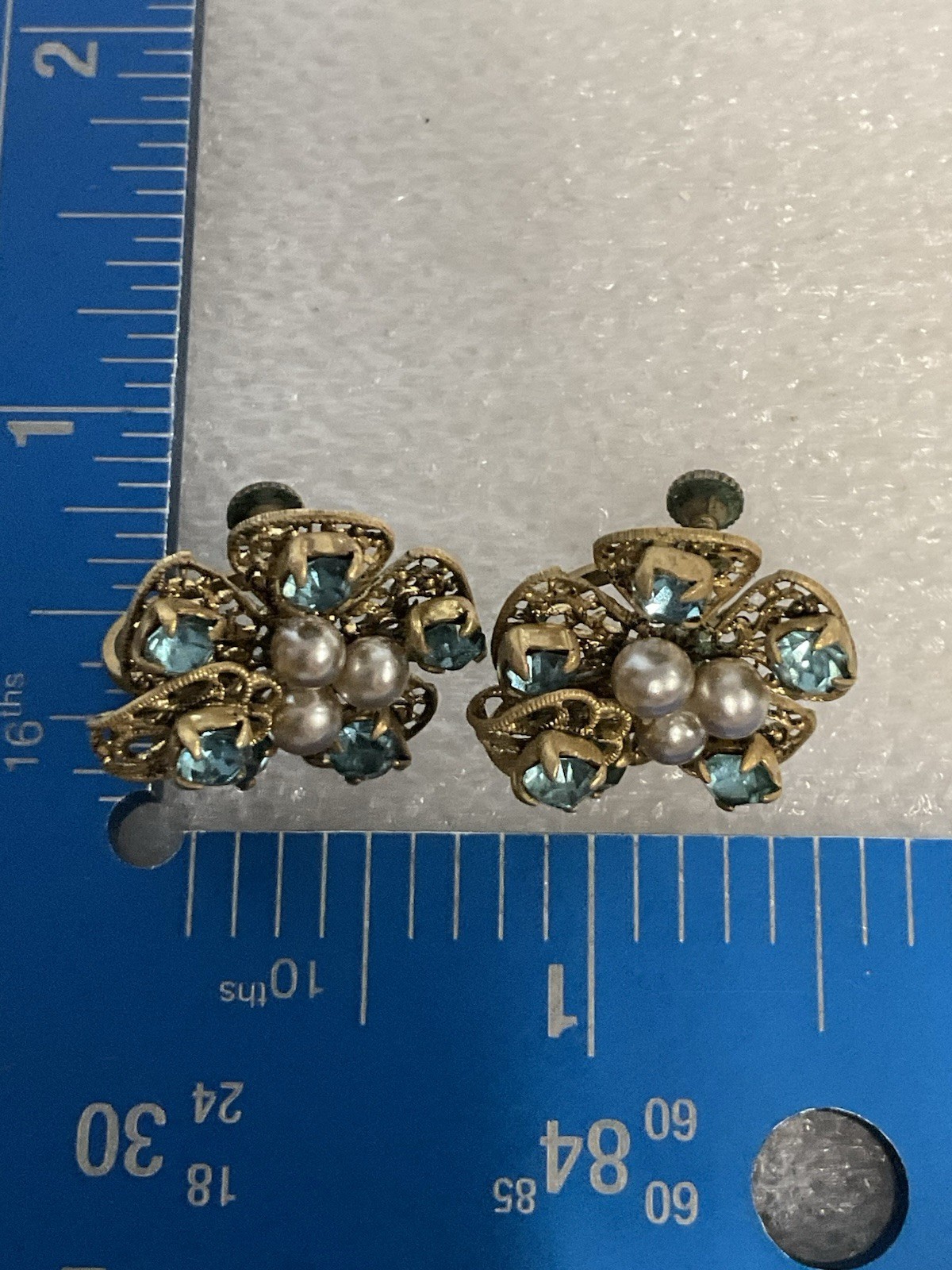 Vintage Czech Blue Rhinestone Pearl Gold Tone Screw Back Clip-On Earrings - Image 16
