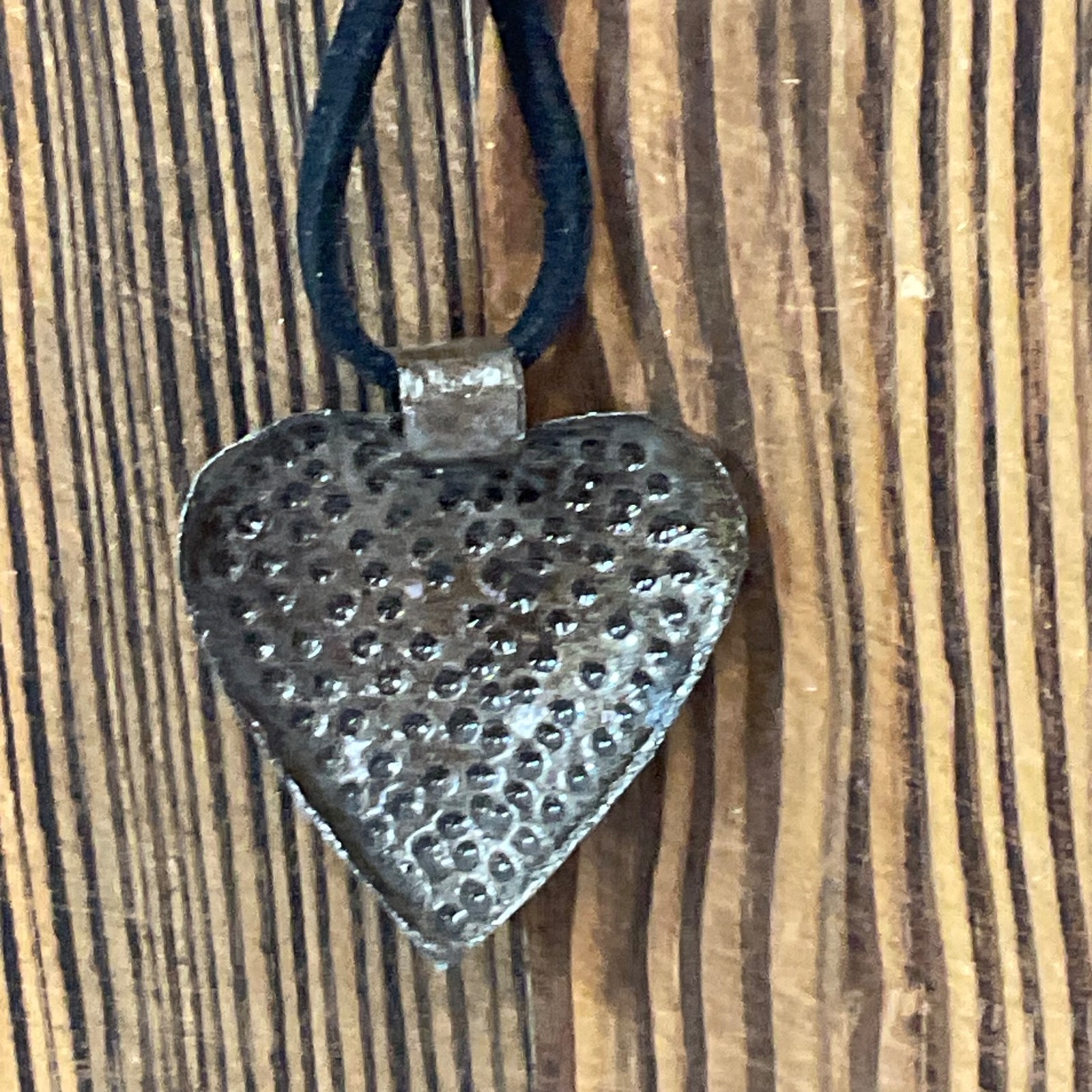 20in Hammered Metal Heart Pendant Necklace on Black Cord Boho Rustic Jewelry - Image 3