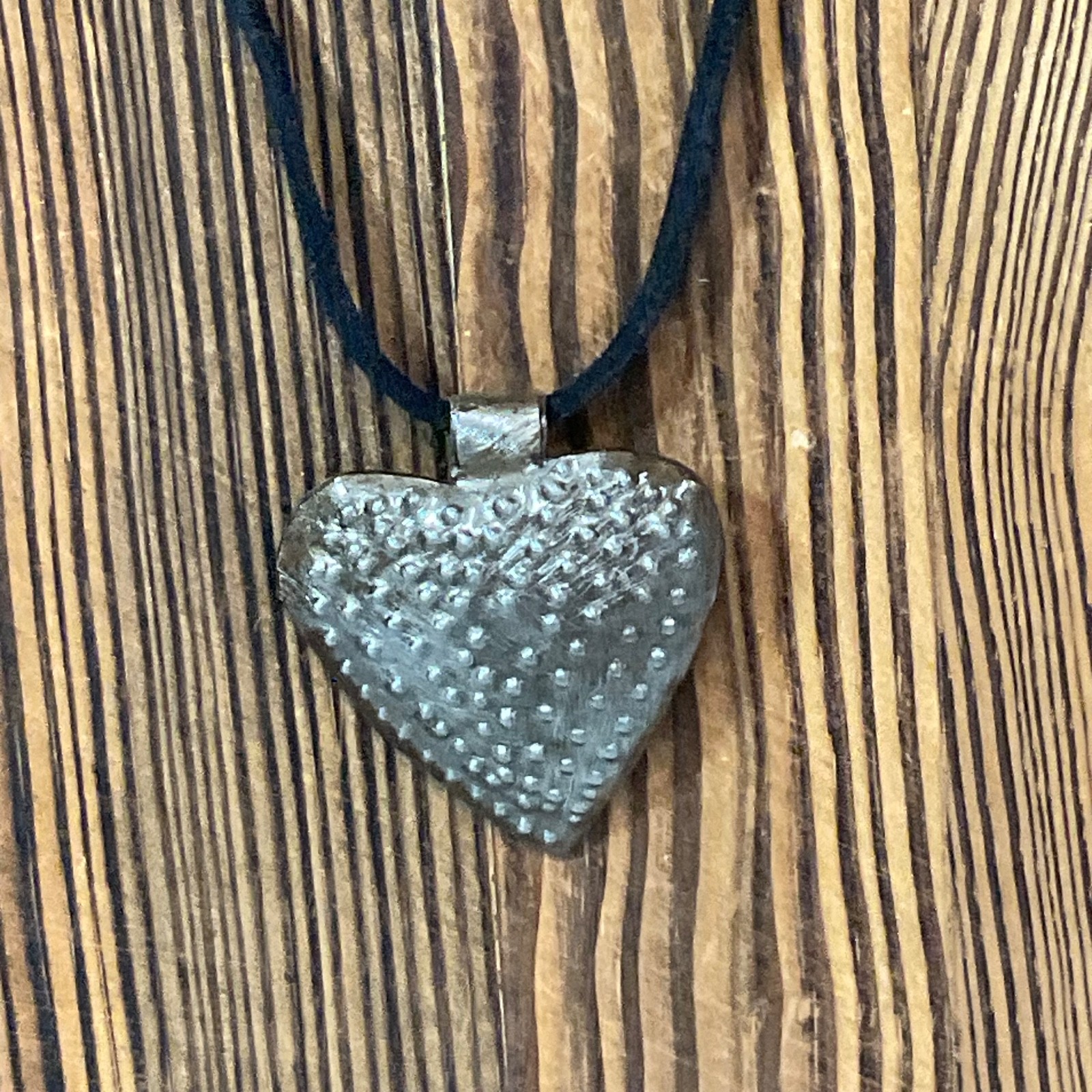 20in Hammered Metal Heart Pendant Necklace on Black Cord Boho Rustic Jewelry - Image 2