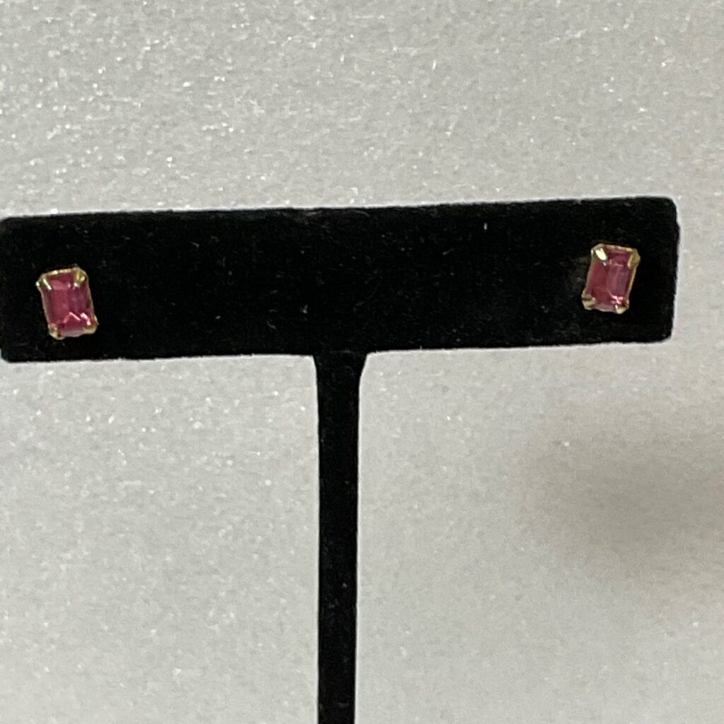 Vintage Pink Emerald Cut Crystal Stud Earrings Gold Tone Post 0.83g Small Jewelr - Image 1