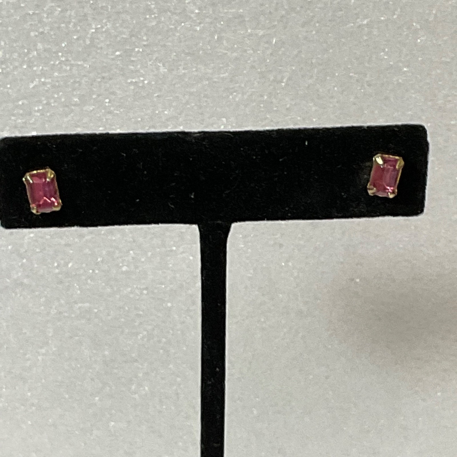 Vintage Pink Emerald Cut Crystal Stud Earrings Gold Tone Post 0.83g Small Jewelr - Image 1