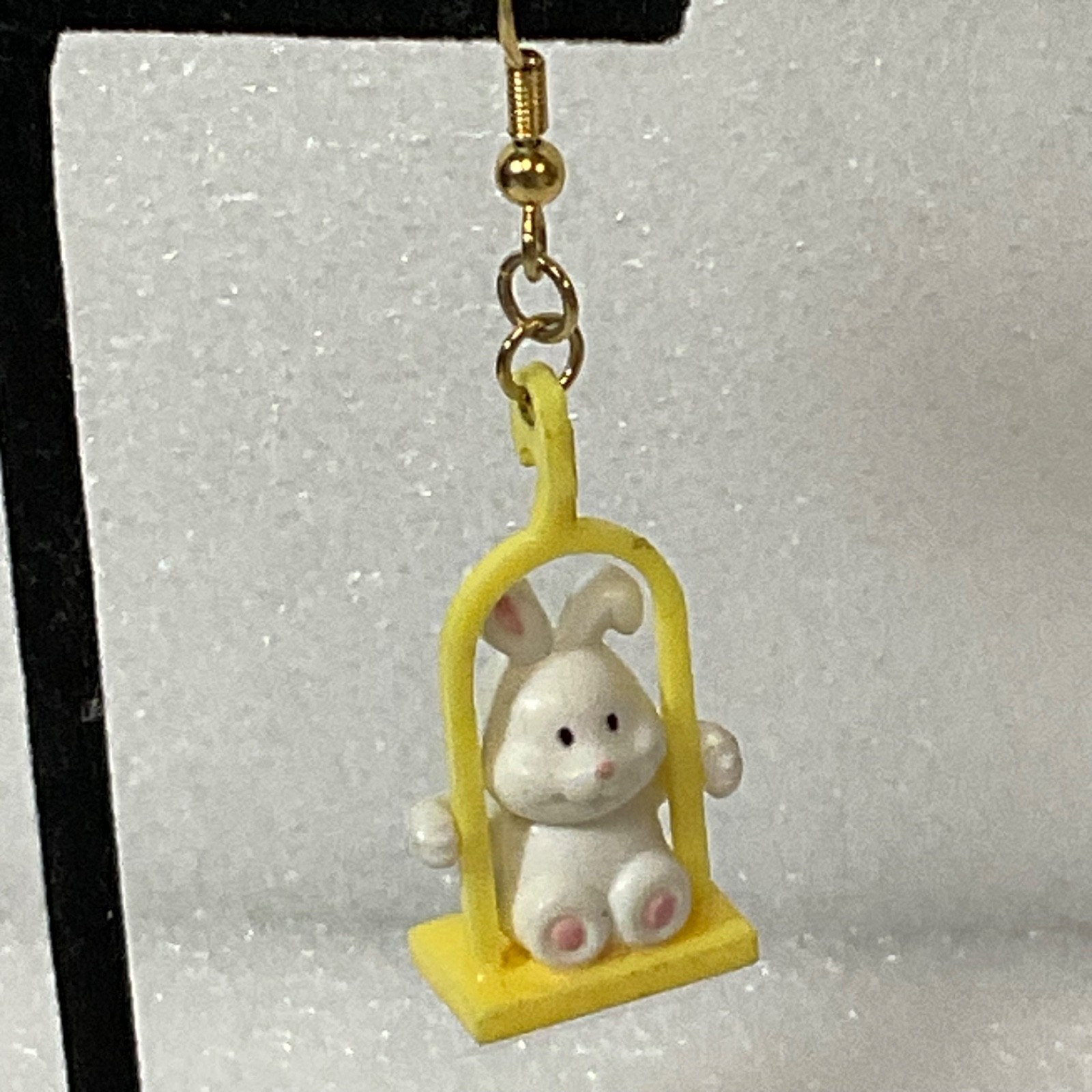 Vintage Bunny Rabbit Earrings on Swing Yellow Frame Dangle Cute Kawaii Jewelry 4 - Image 3