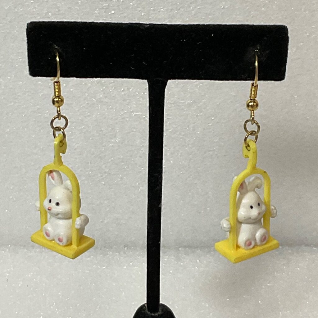 Vintage Bunny Rabbit Earrings on Swing Yellow Frame Dangle Cute Kawaii Jewelry 4 - Image 1