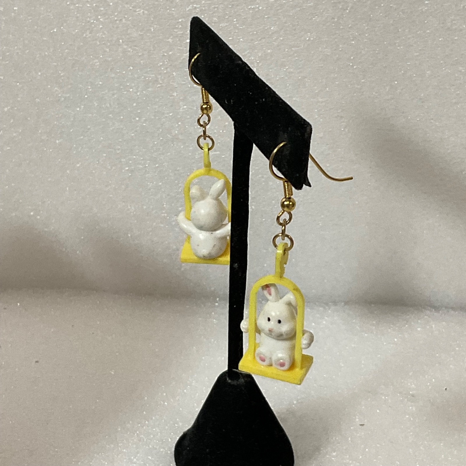 Vintage Bunny Rabbit Earrings on Swing Yellow Frame Dangle Cute Kawaii Jewelry 4 - Image 4