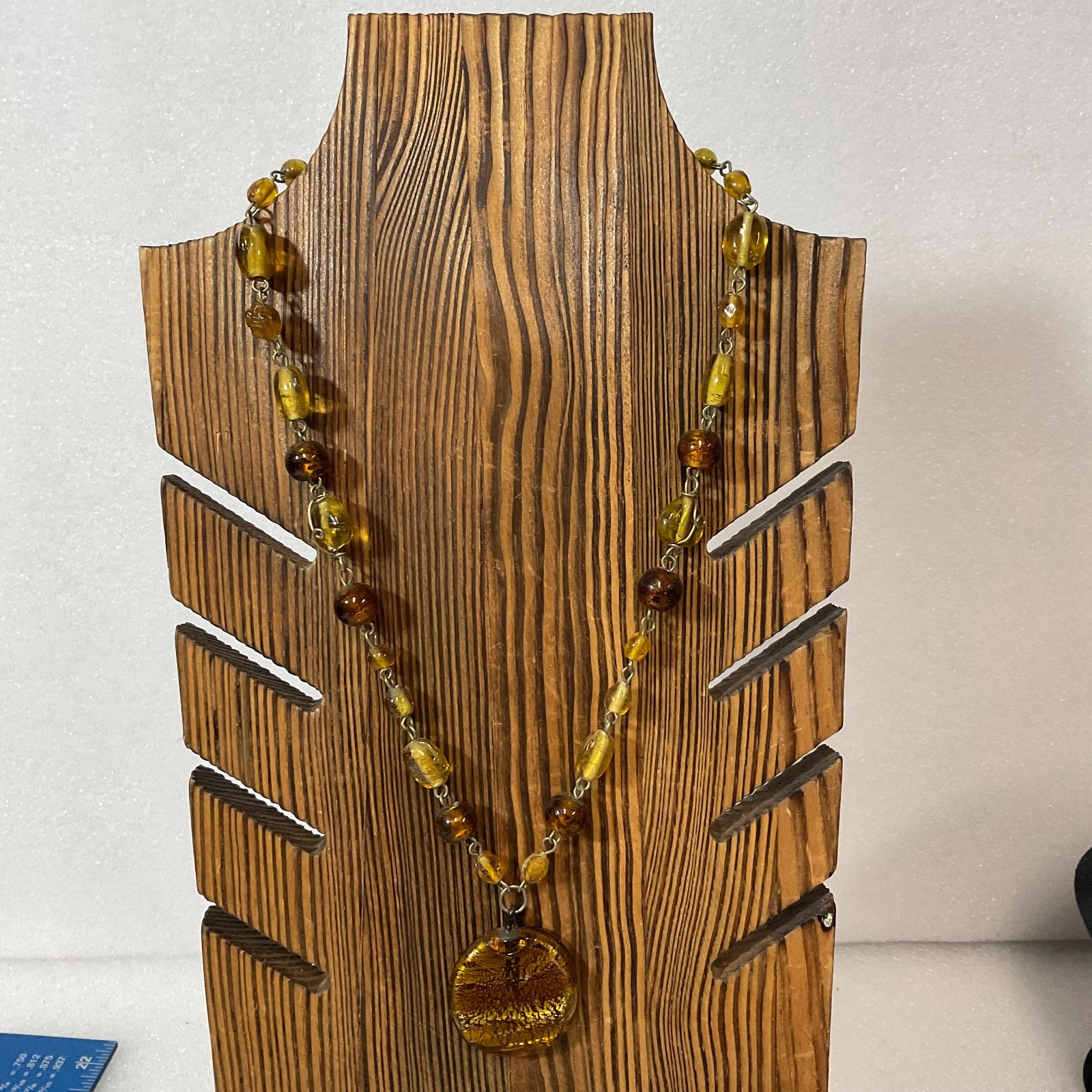 18in Amber Tone Glass Bead Necklace with Round Pendant Vintage Boho Jewelry - Image 2