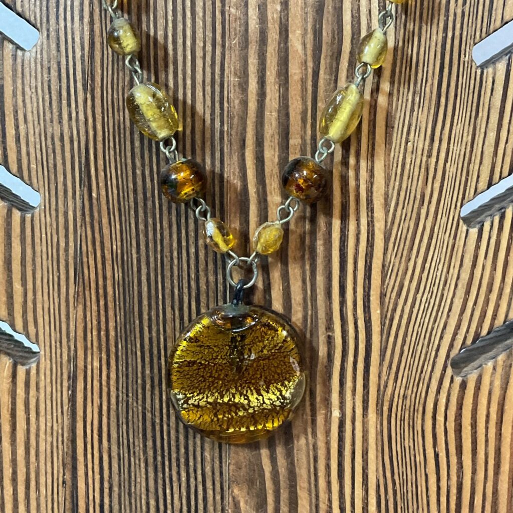 18in Amber Tone Glass Bead Necklace with Round Pendant Vintage Boho Jewelry - Image 1