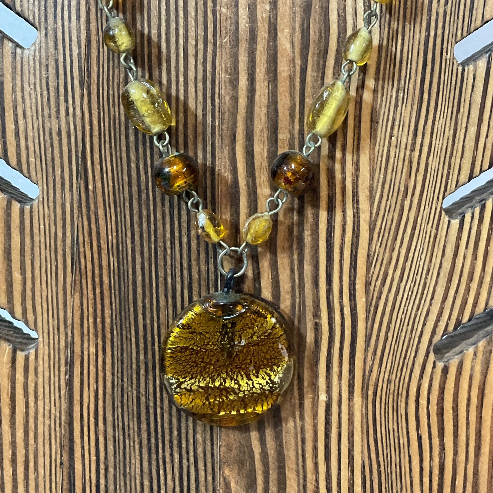 18in Amber Tone Glass Bead Necklace with Round Pendant Vintage Boho Jewelry - Image 1