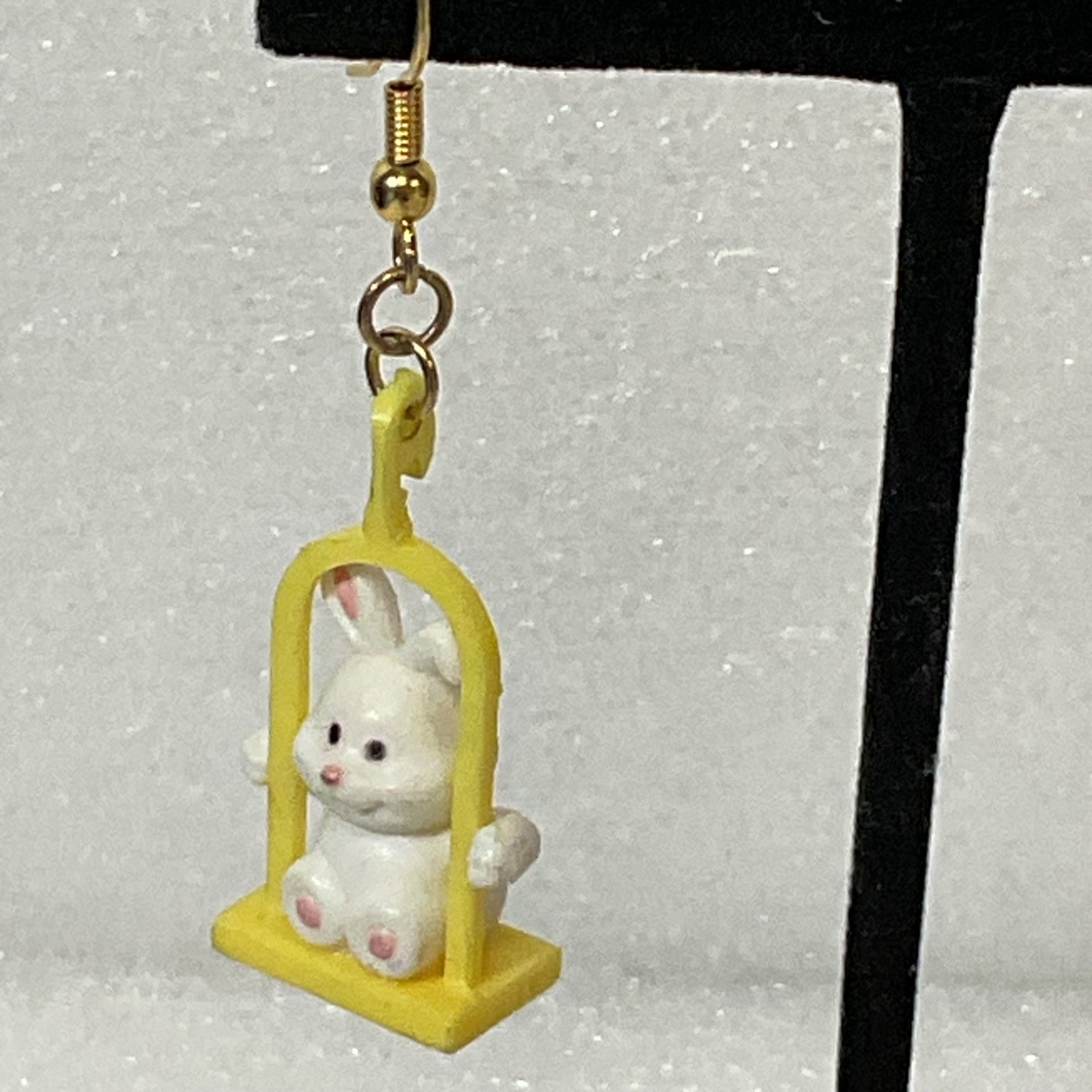 Vintage Bunny Rabbit Earrings on Swing Yellow Frame Dangle Cute Kawaii Jewelry 4 - Image 2