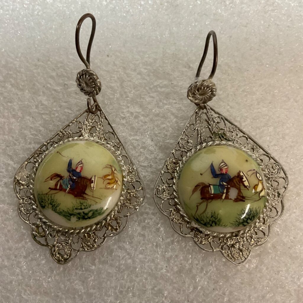 Antique Hand Painted Equestrian Button Earrings Horse Rider Filigree 11.38g - Image 1