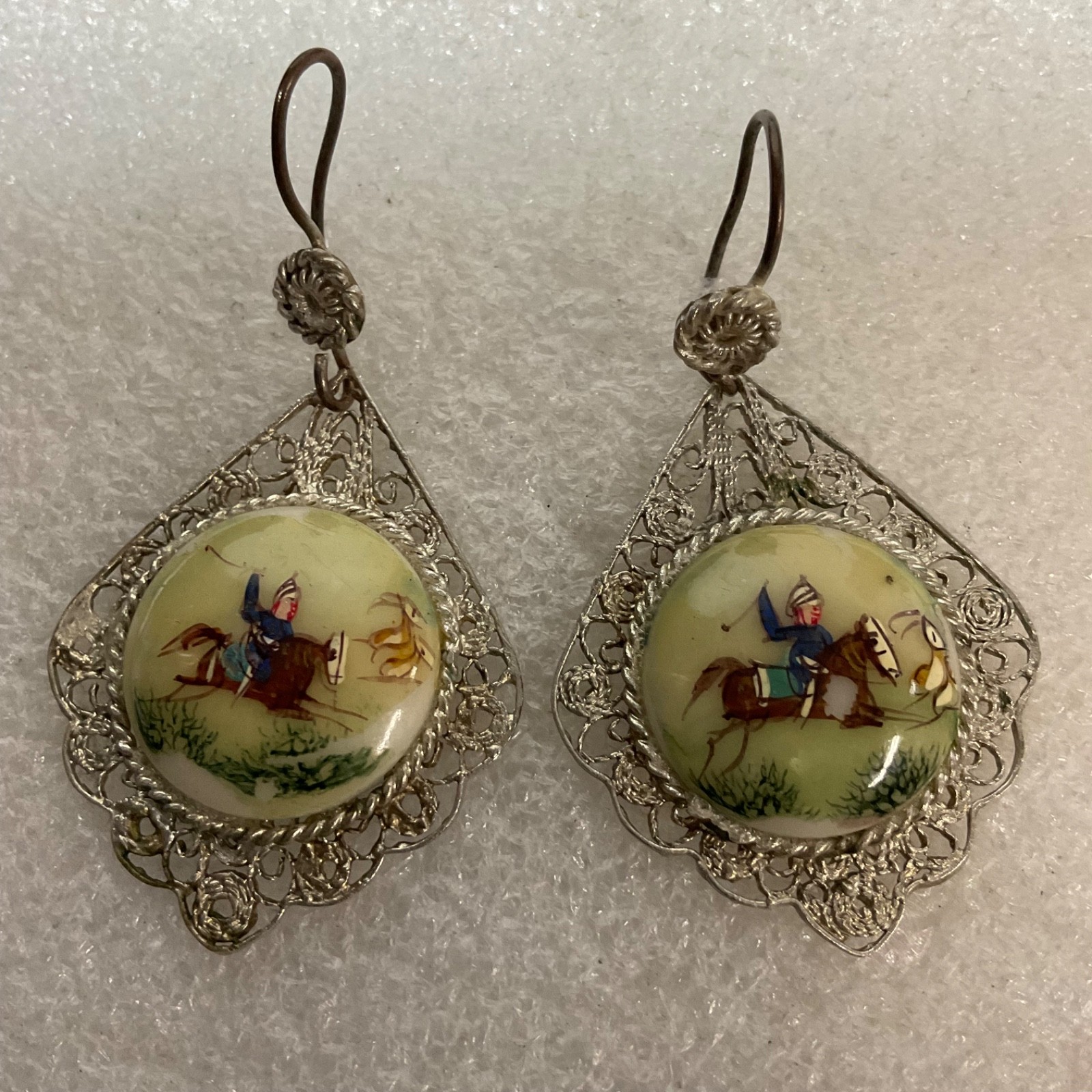 Antique Hand Painted Equestrian Button Earrings Horse Rider Filigree 11.38g - Image 1