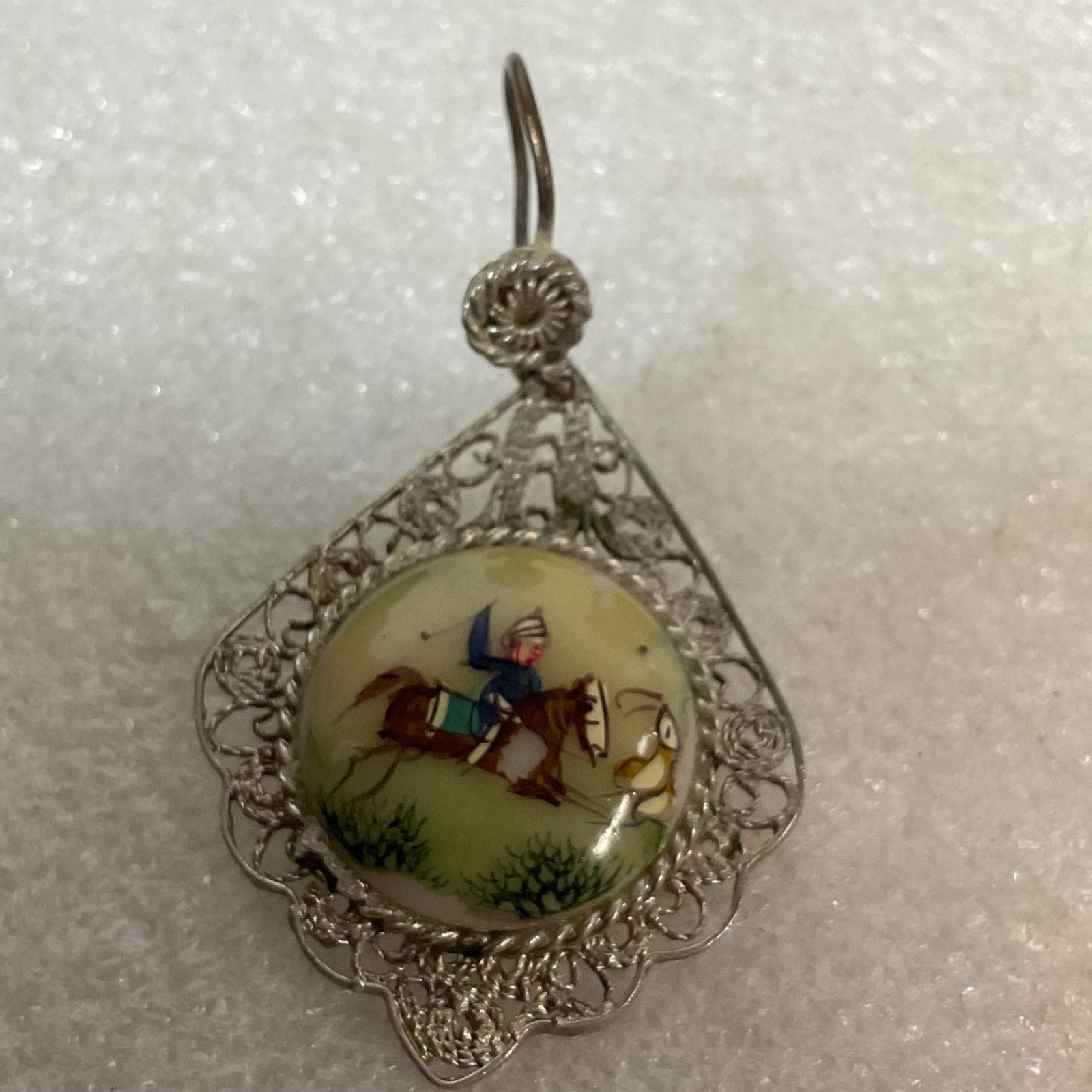 Antique Hand Painted Equestrian Button Earrings Horse Rider Filigree 11.38g - Image 5