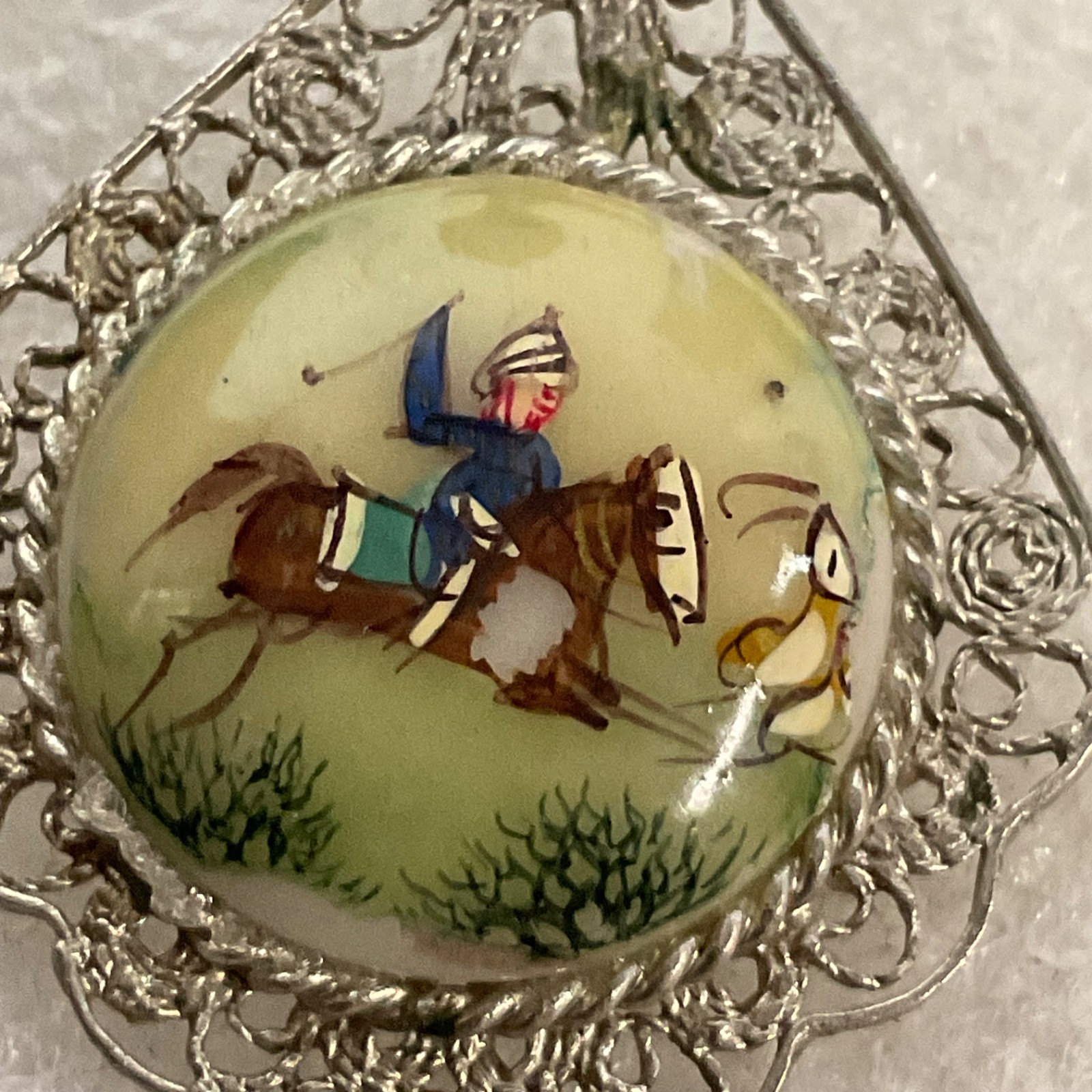 Antique Hand Painted Equestrian Button Earrings Horse Rider Filigree 11.38g - Image 6