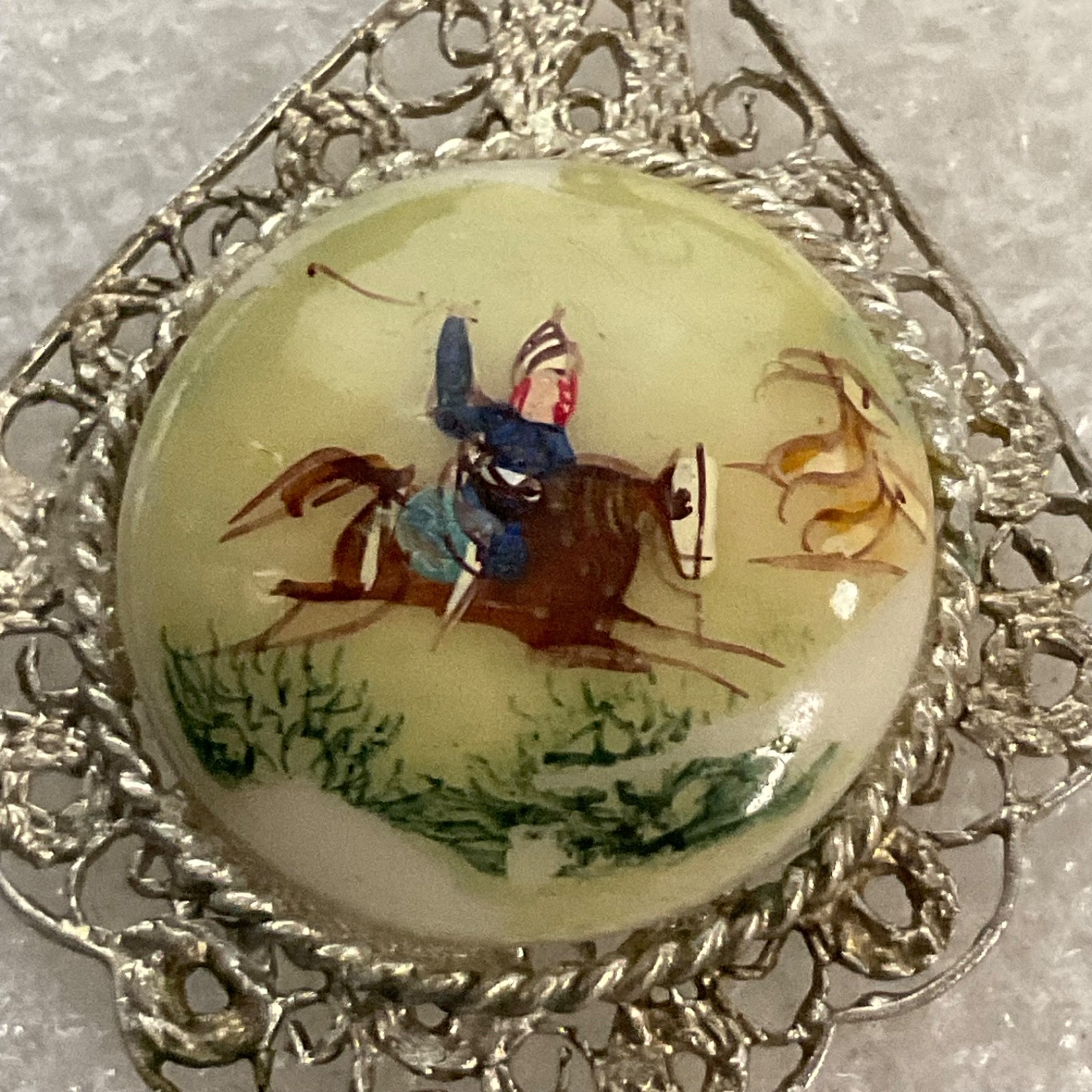 Antique Hand Painted Equestrian Button Earrings Horse Rider Filigree 11.38g - Image 9