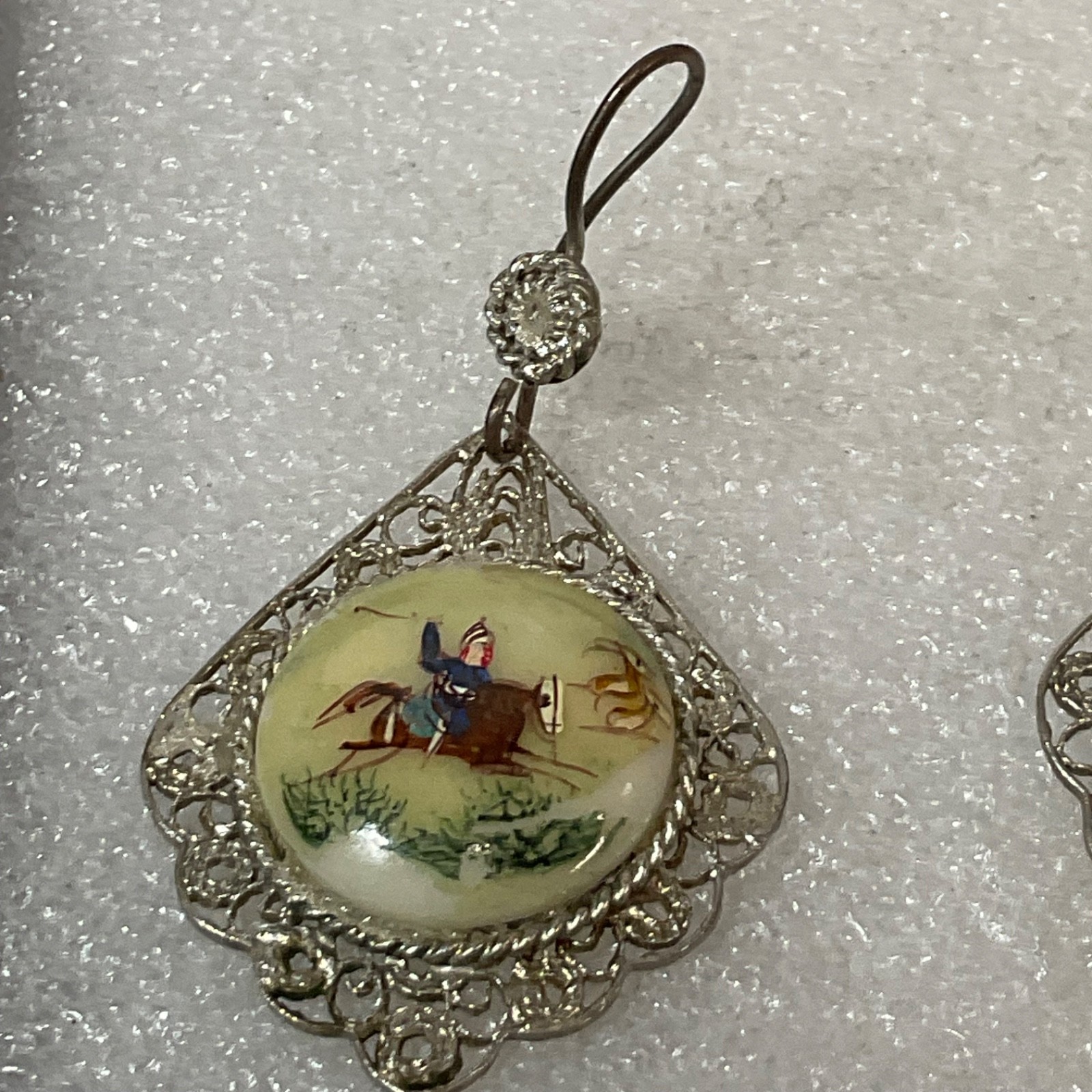 Antique Hand Painted Equestrian Button Earrings Horse Rider Filigree 11.38g - Image 7