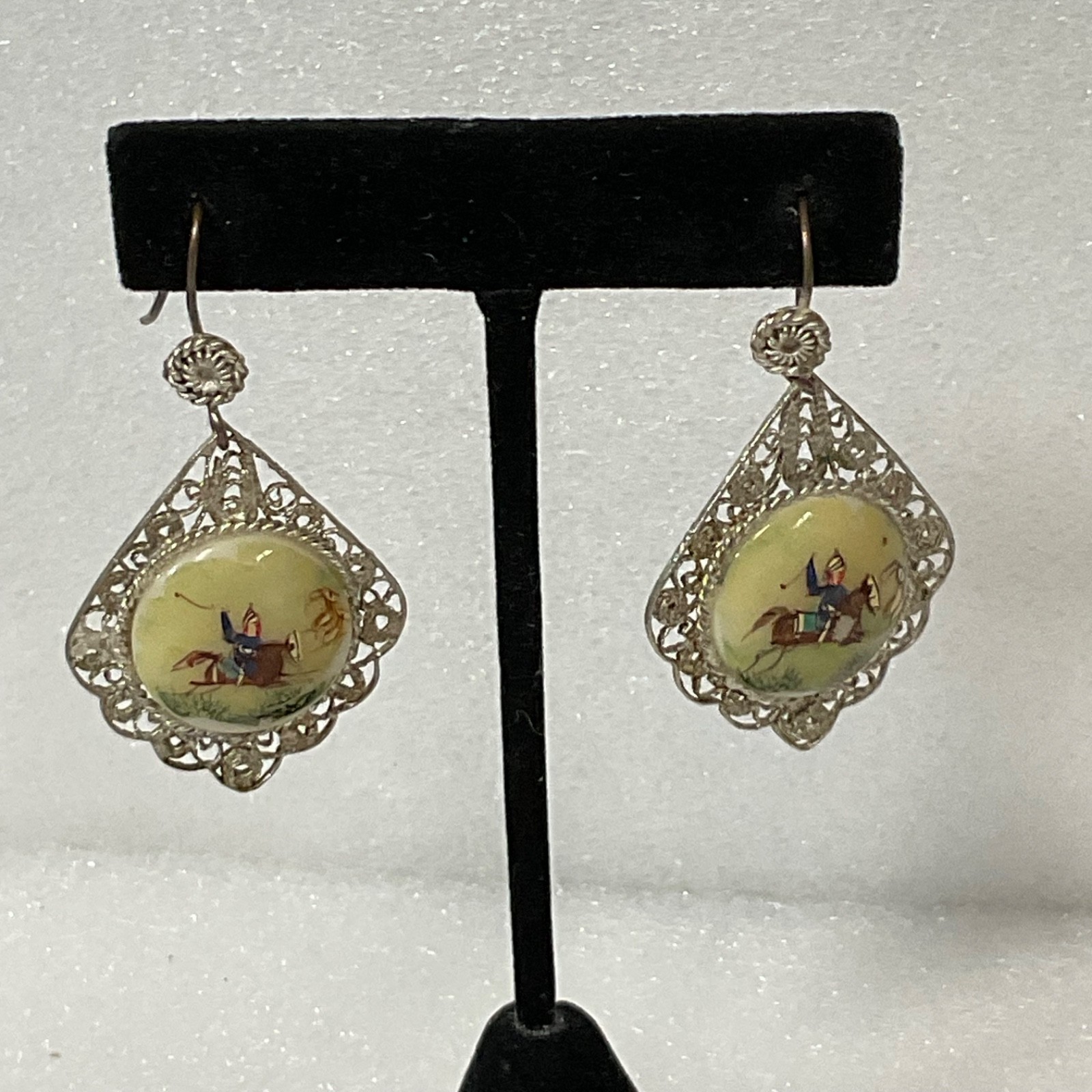 Antique Hand Painted Equestrian Button Earrings Horse Rider Filigree 11.38g - Image 13